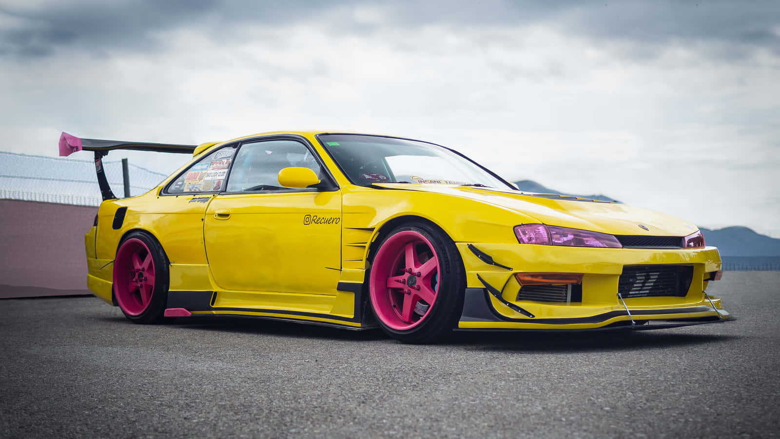 yellow nissan240sx, custom drift car, pink wheels, HD Desktop Wallpaper