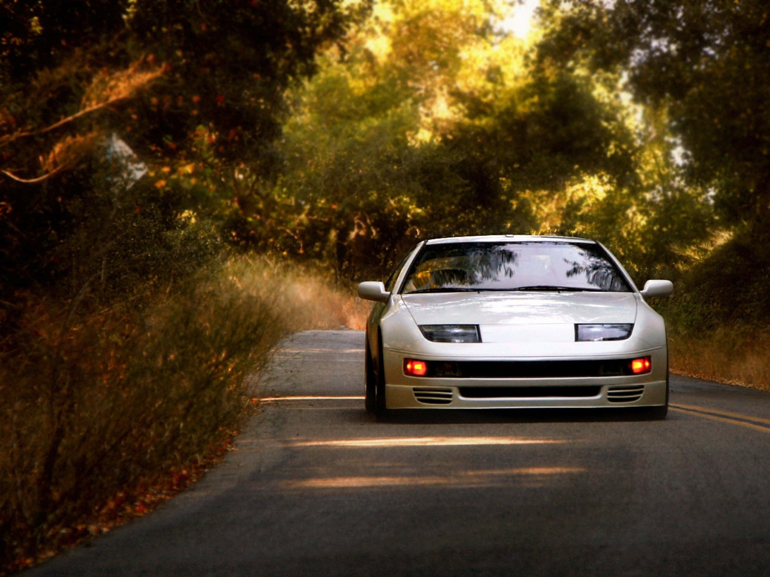 Nissan 300zx, silver, tree-lined road, 2K Desktop Wallpaper