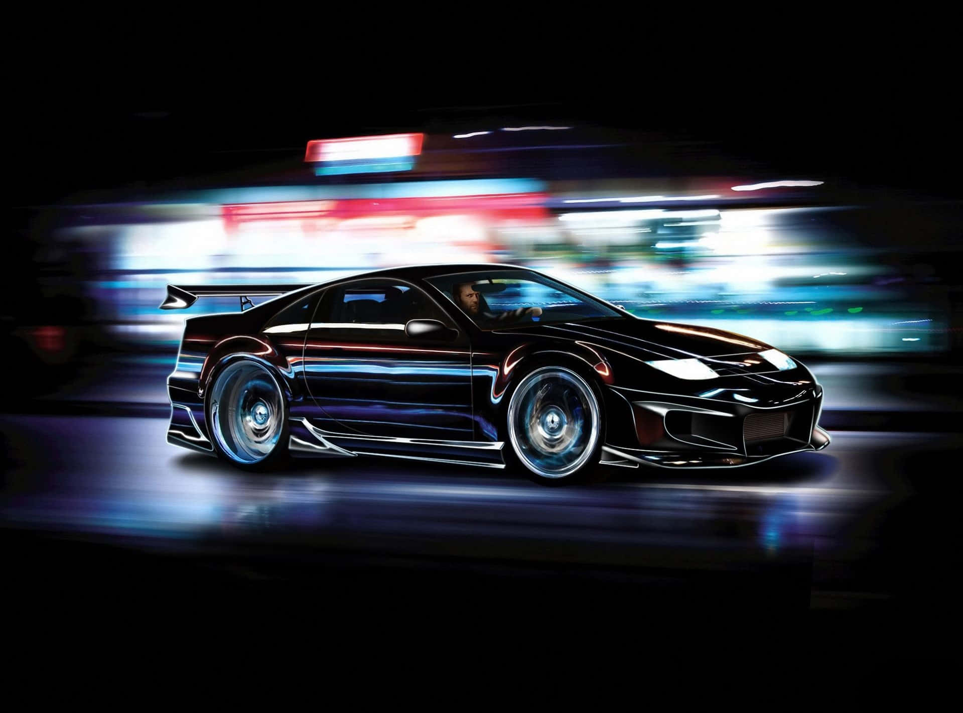 Nissan 300zx, sleek black sports car, neon-lit city, HD Desktop Wallpaper
