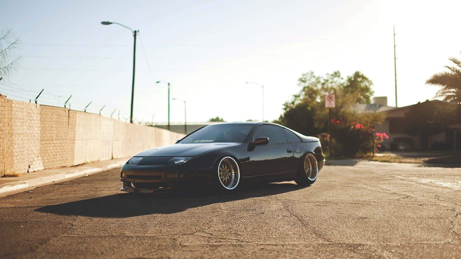 Nissan 300ZX, sleek black sports car, gold rims, Full HD Desktop Wallpaper