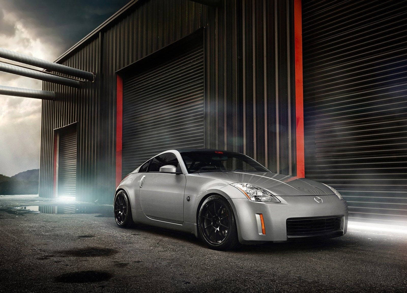 Nissan 350z, silver, corrugated metal warehouse, HD Desktop Wallpaper
