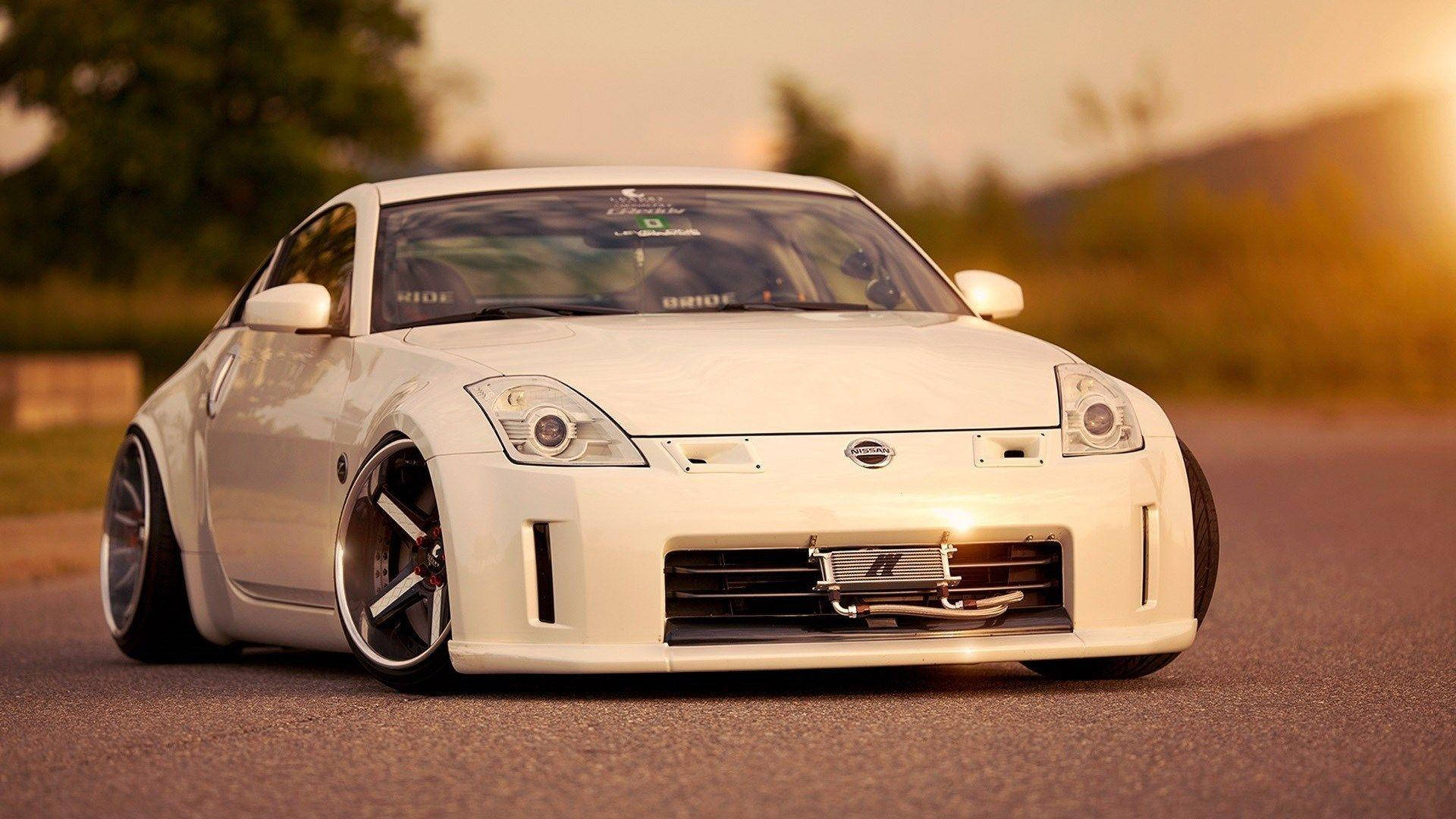 Nissan 350Z, white, golden sunset light, Full HD Desktop Wallpaper
