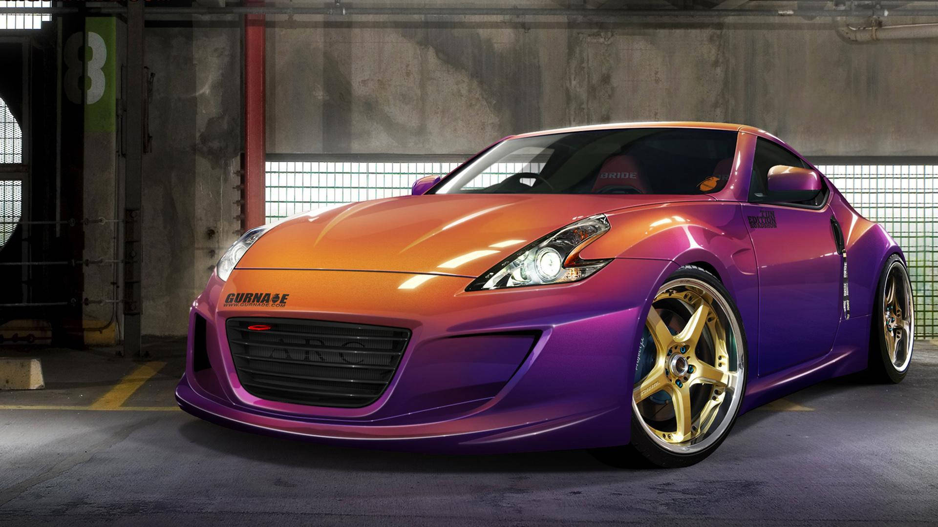 Nissan 350z, orange to purple paint, gold rims, Full HD Desktop Wallpaper