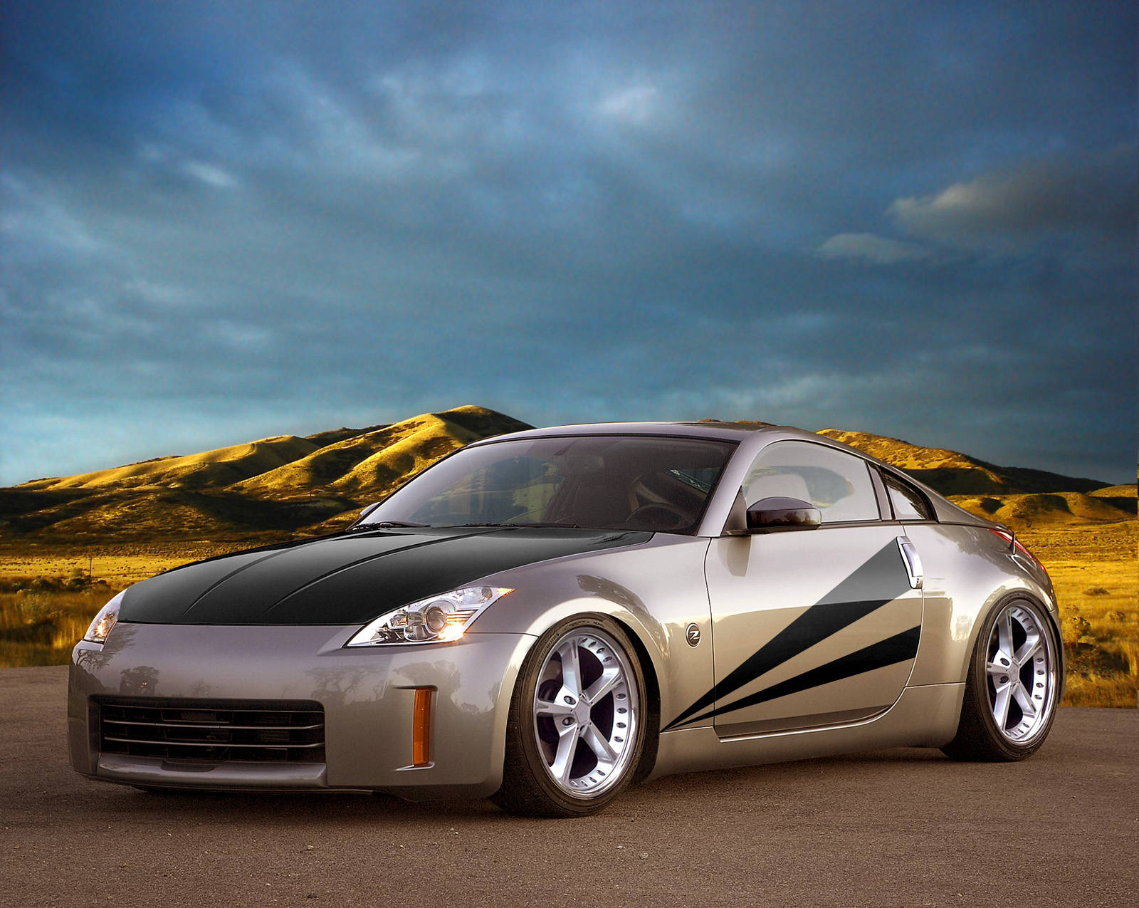 Nissan 350z, silver, black racing stripes, HD Desktop Wallpaper