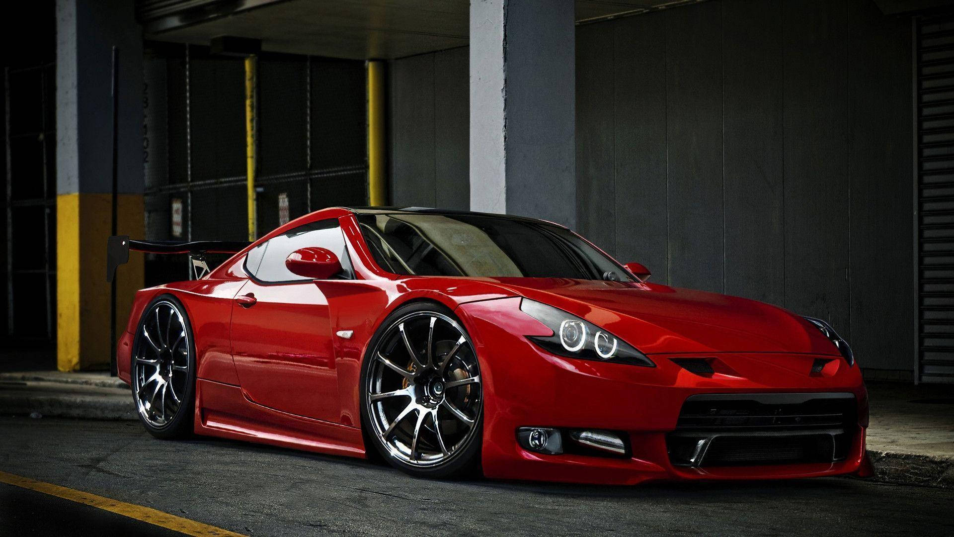 Nissan 350Z, glossy red, custom wheels, Full HD Desktop Wallpaper