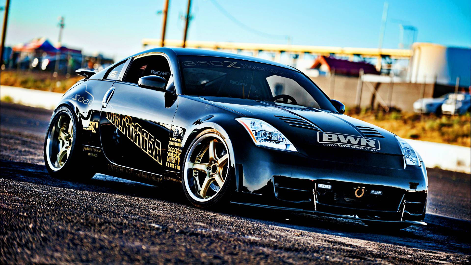 Nissan 350Z, sleek black, gold rims, Full HD Desktop Wallpaper