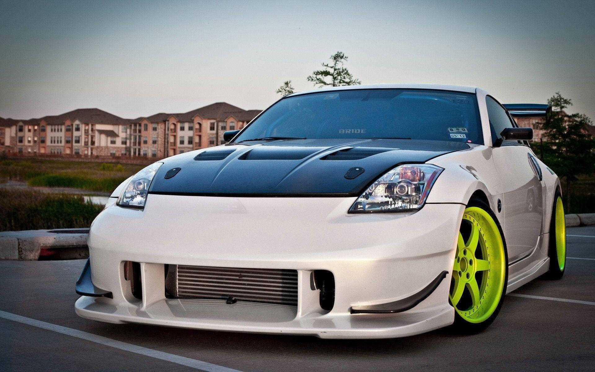 Nissan 350Z, white, neon green wheels, Full HD Desktop Wallpaper