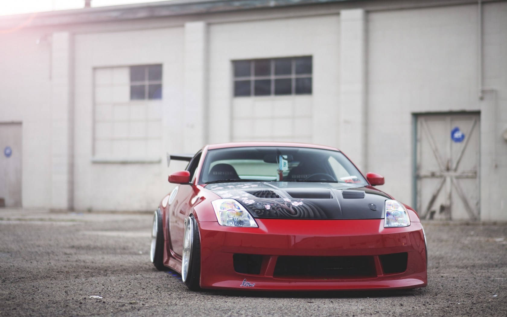 Nissan 350Z, glossy red, black hood, HD Desktop Wallpaper