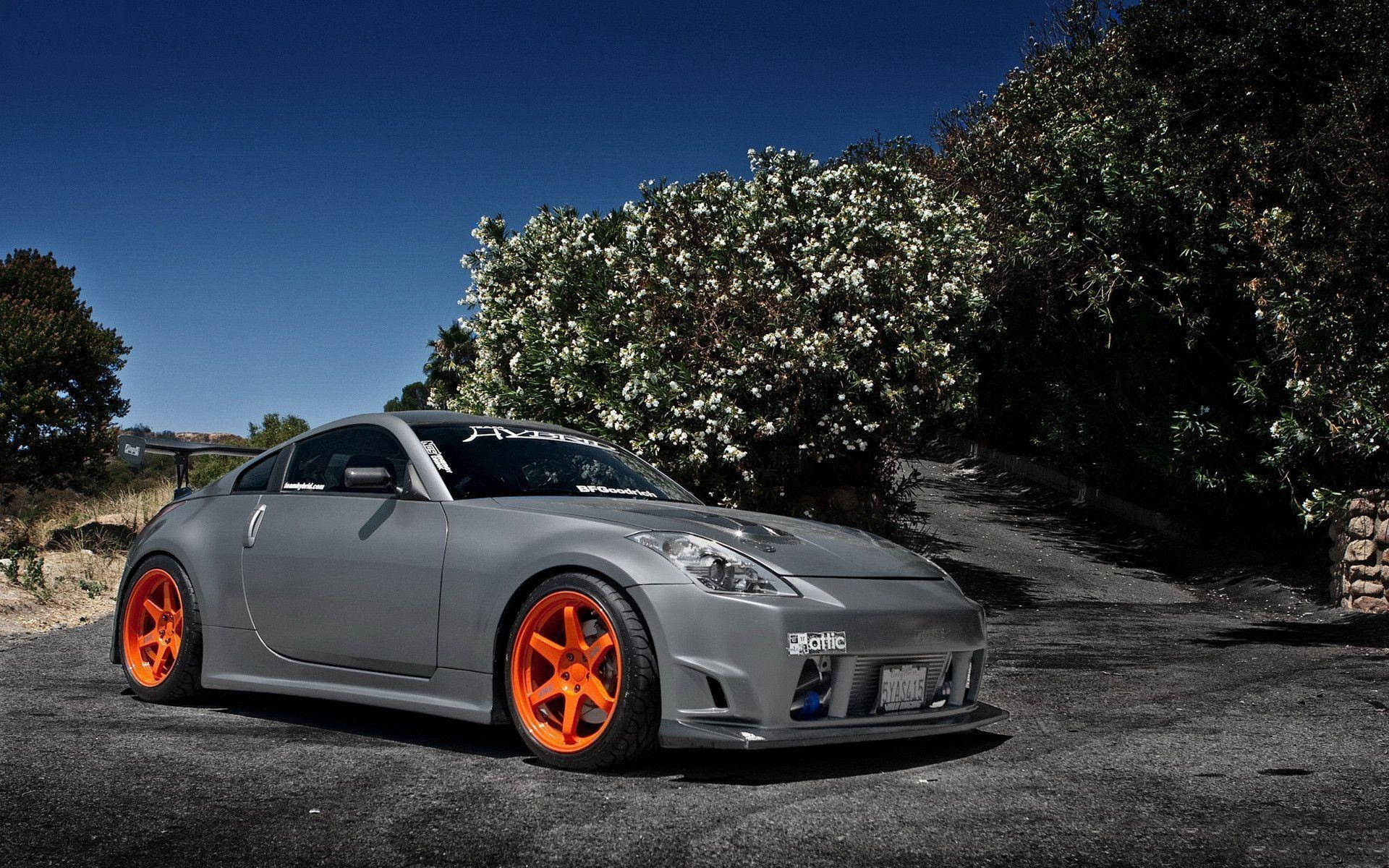 Nissan 350Z, matte gray, vibrant orange wheels, Full HD Desktop Wallpaper