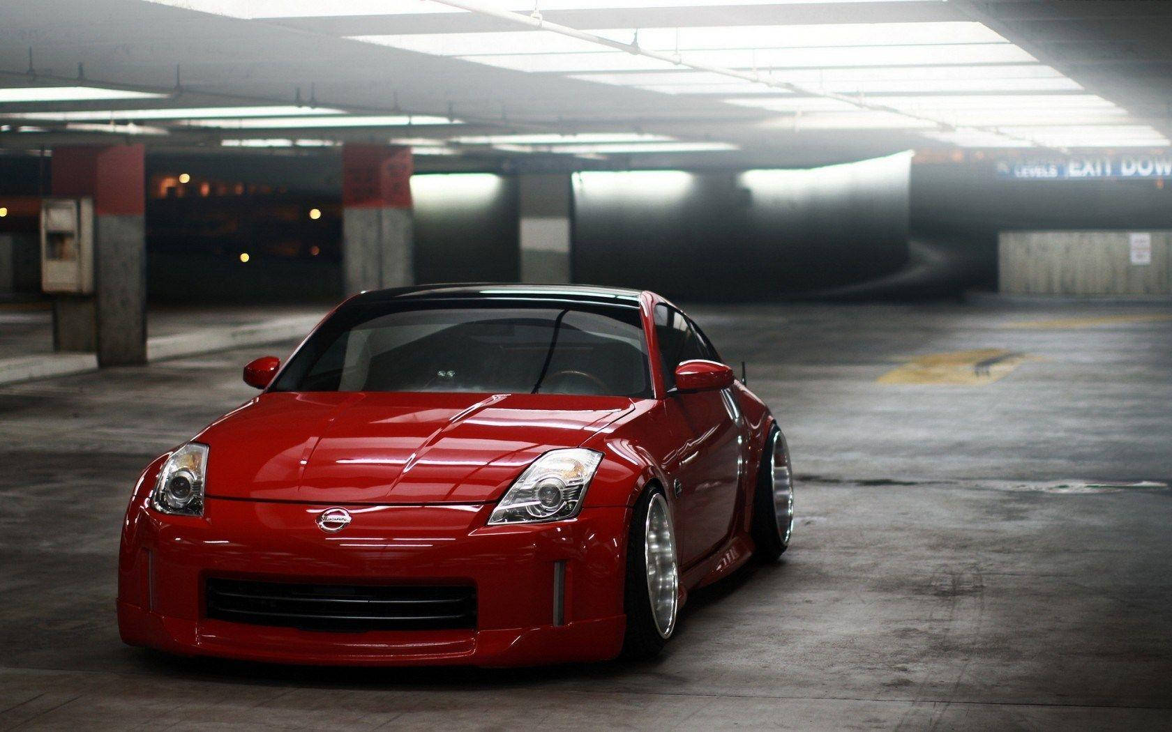 Nissan 350Z, glossy red, lowered suspension, HD Desktop Wallpaper