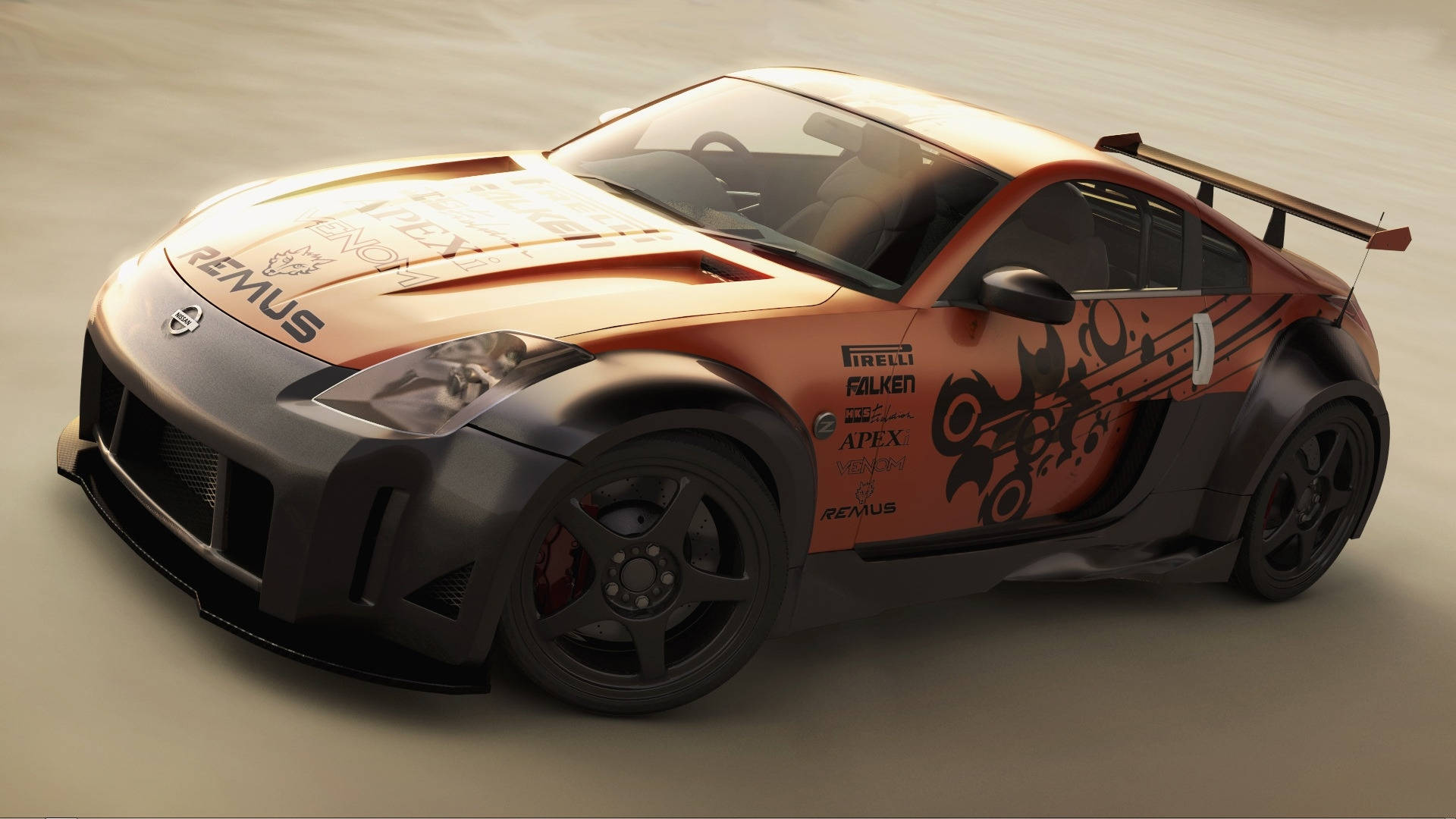 Nissan 350Z, orange and black, sponsor decals, Full HD Desktop Wallpaper
