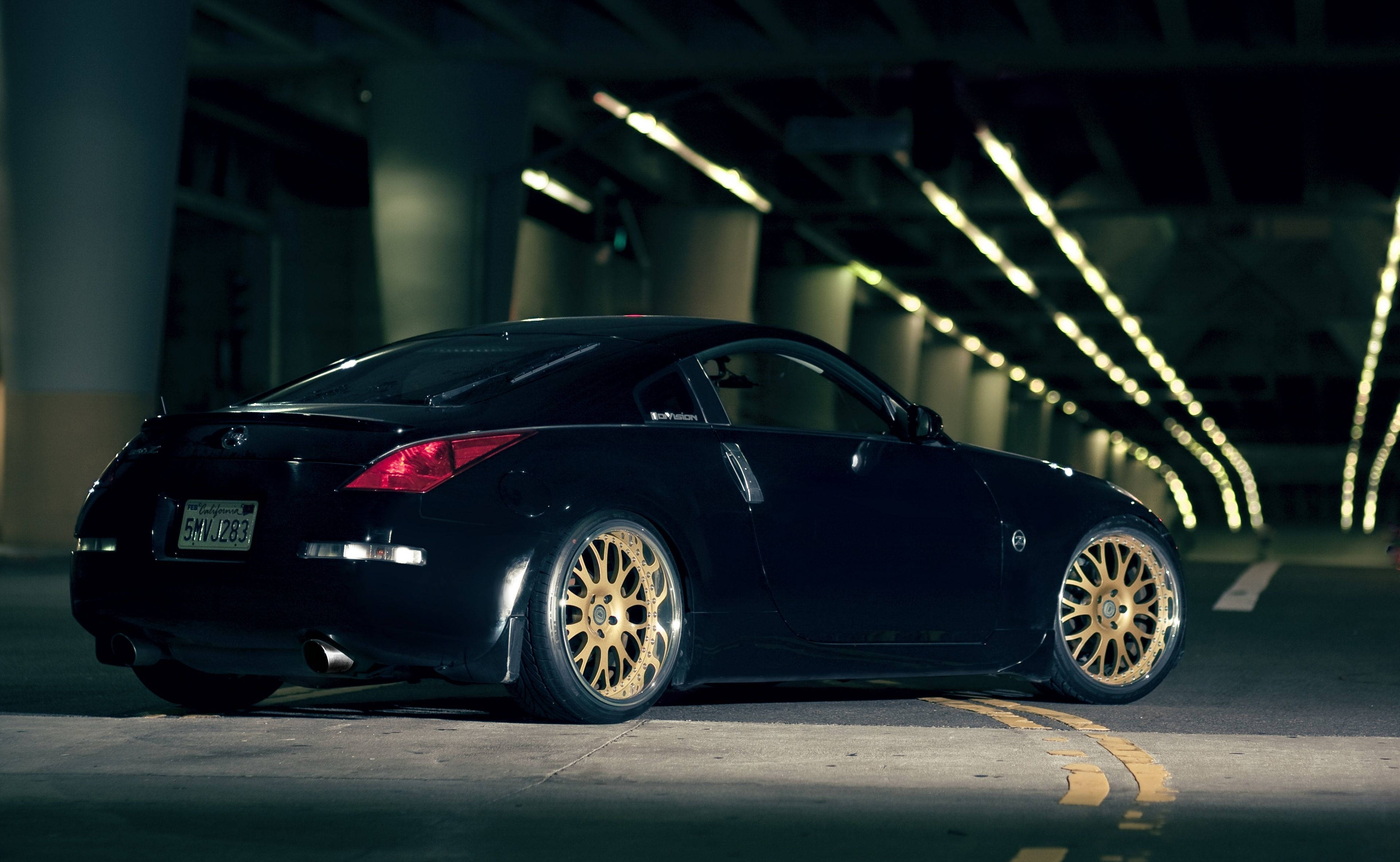 Nissan 350z, black, gold wheels, 4K Desktop Wallpaper