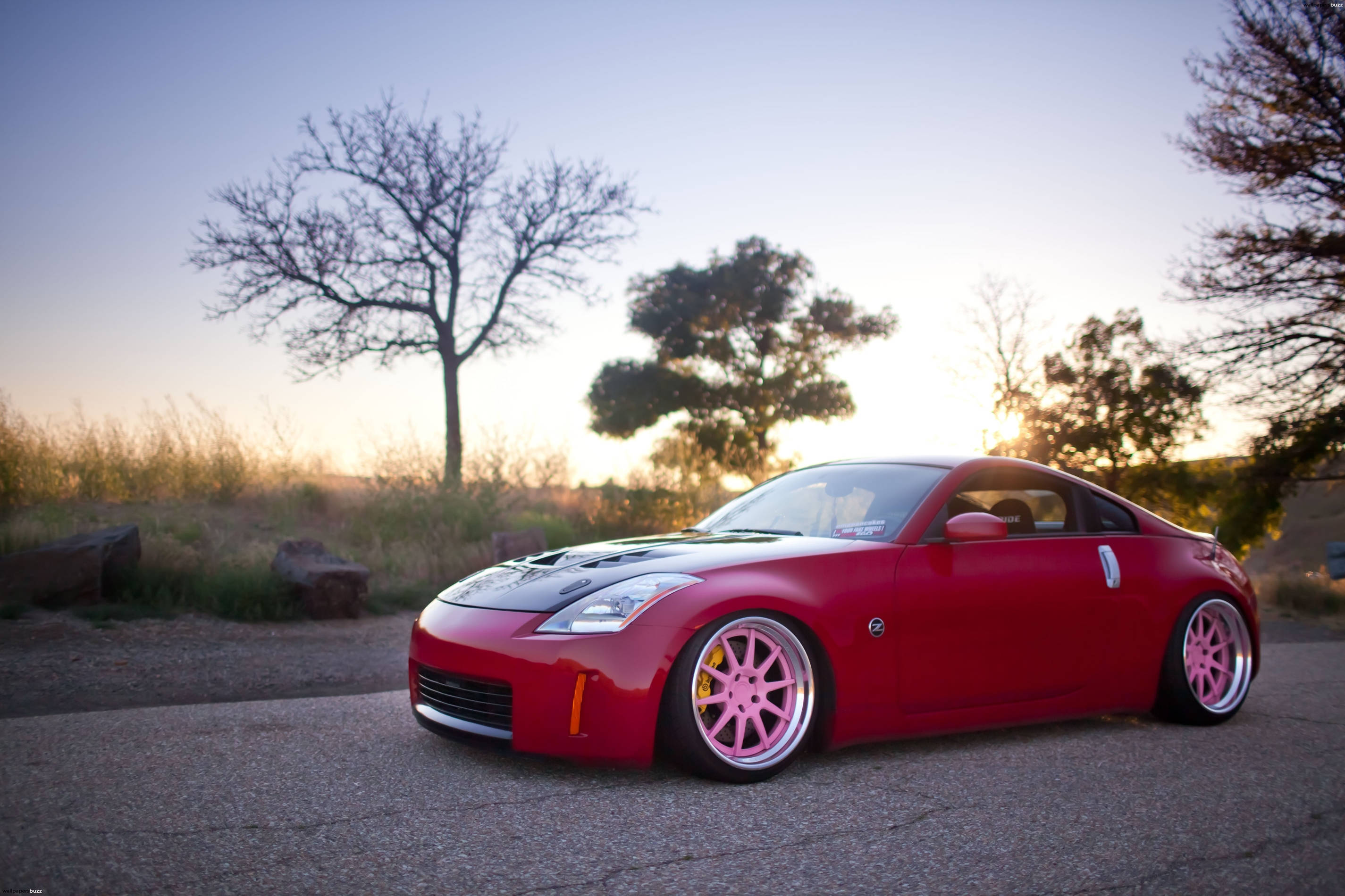 Nissan 350z, red, pink wheels, 2K Desktop Wallpaper