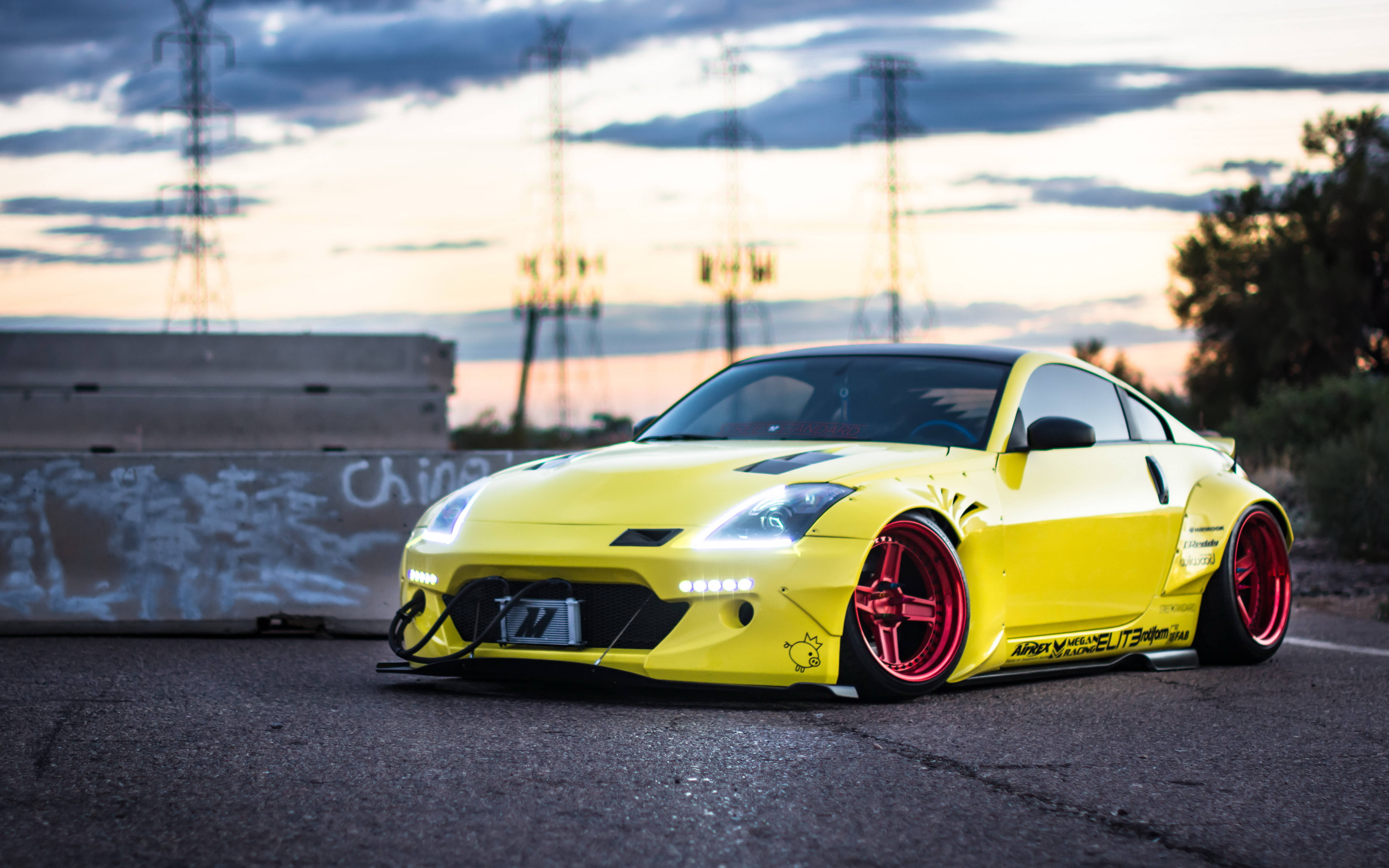 Nissan 350Z, vibrant yellow, red rims, 5K Desktop Wallpaper
