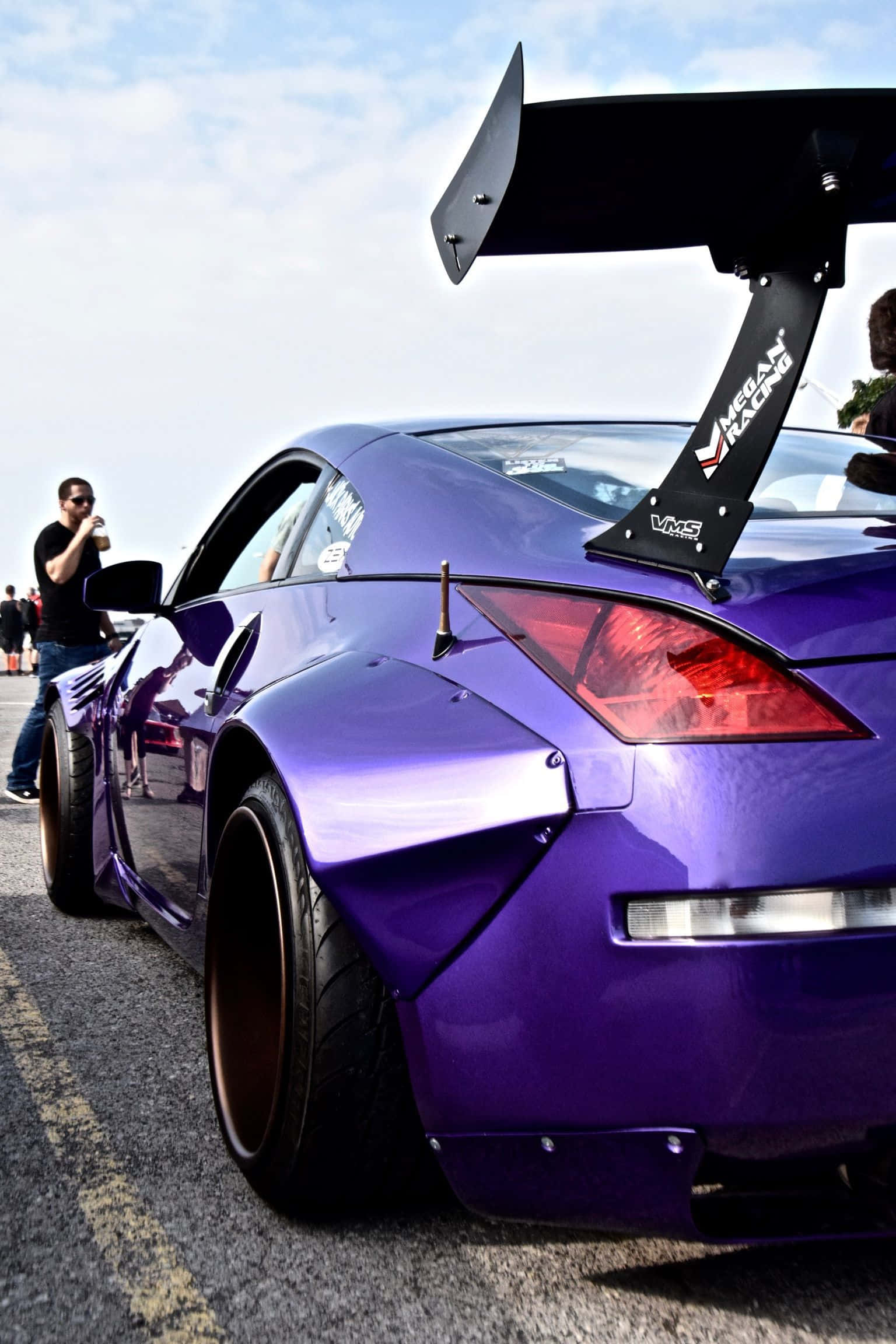 Nissan 350Z, glossy purple, large black rear wing, Full HD Phone Wallpaper