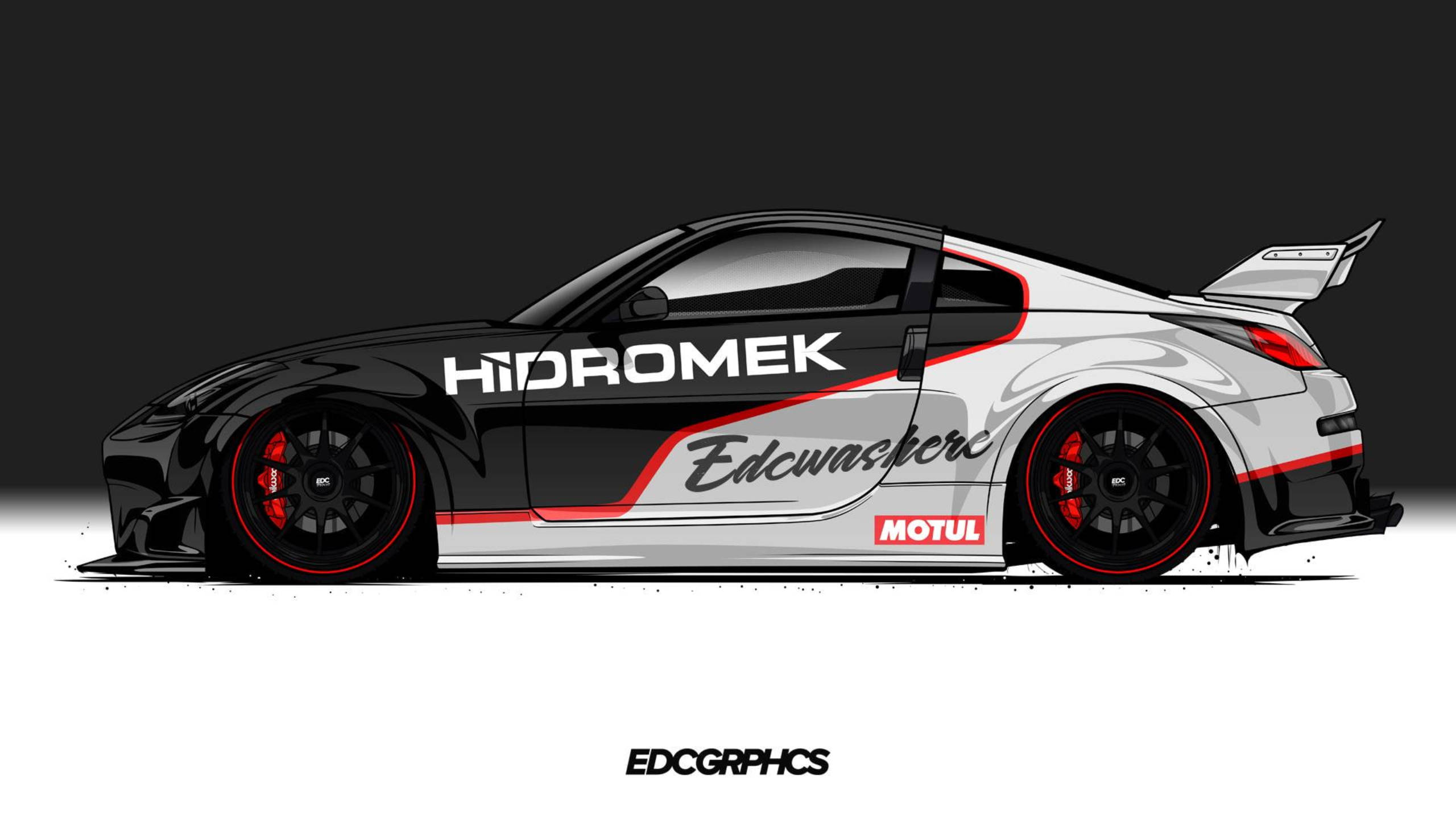 Nissan 350Z, racing car, black and white, 2K Desktop Wallpaper