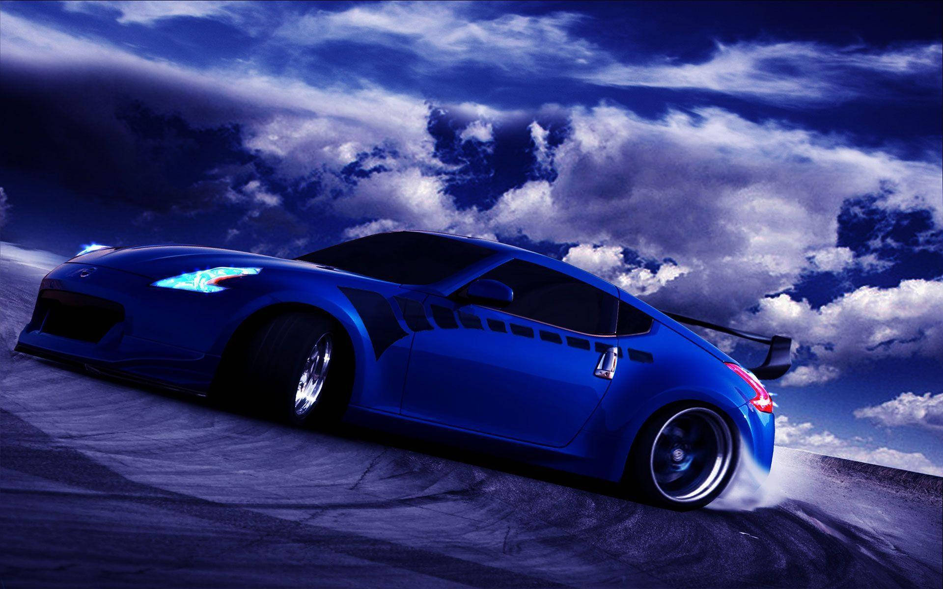 Nissan 350z, vibrant blue, dark road, Full HD Desktop Wallpaper