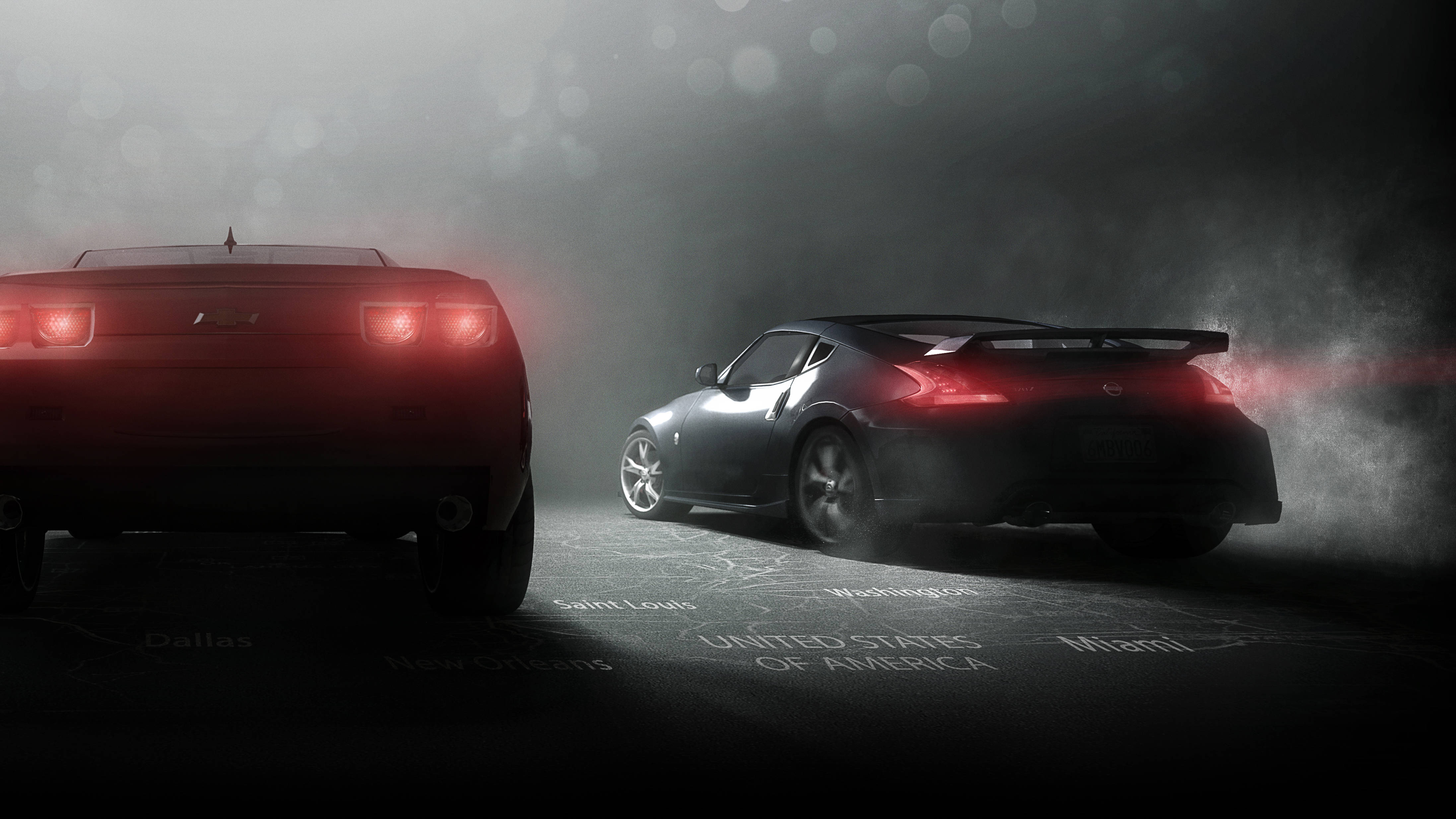 Nissan 370z, glowing red taillights, misty dark arena, 4K Desktop Wallpaper