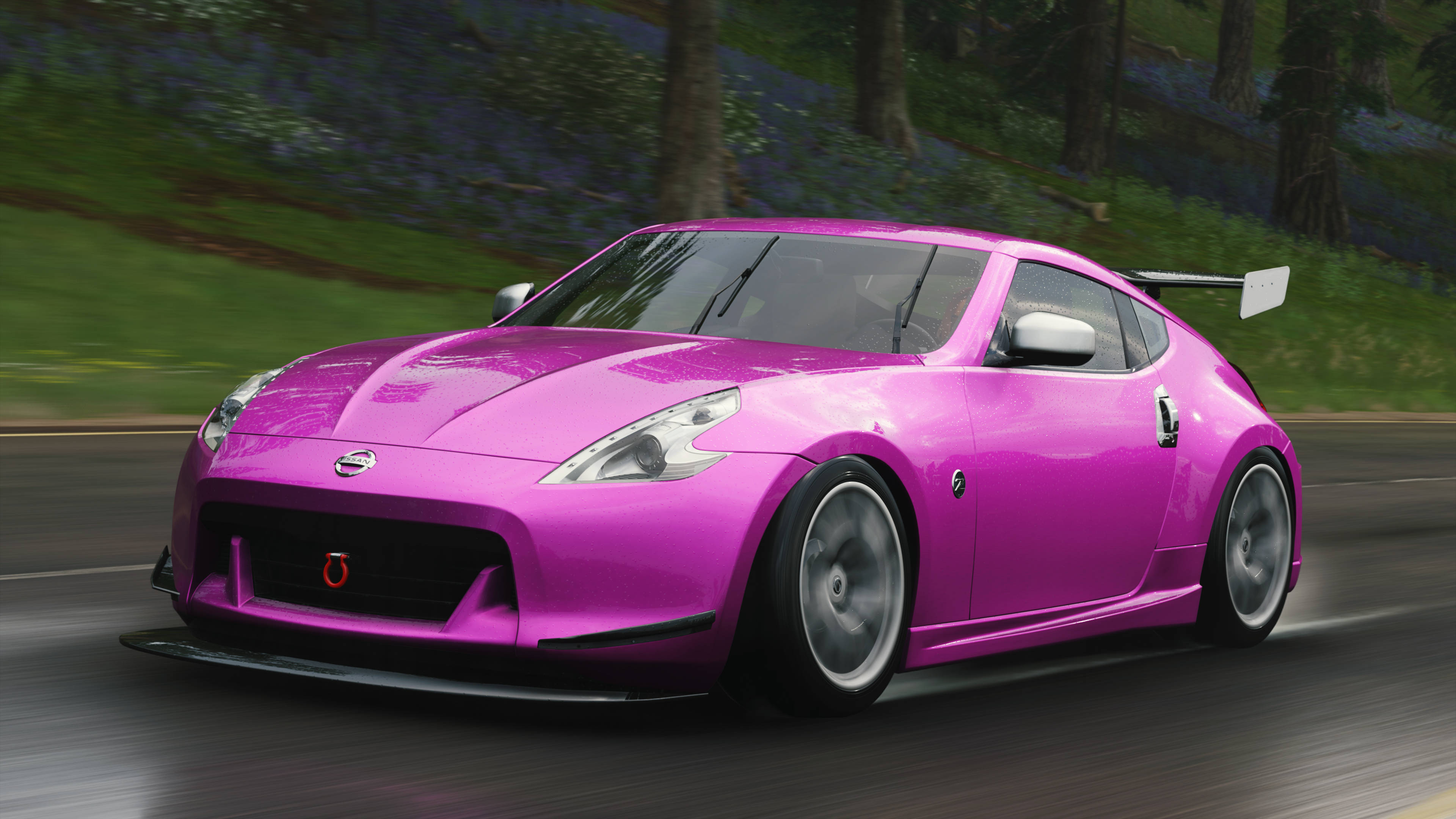 Nissan 370Z, glossy pink, forest road, 4K Desktop Wallpaper