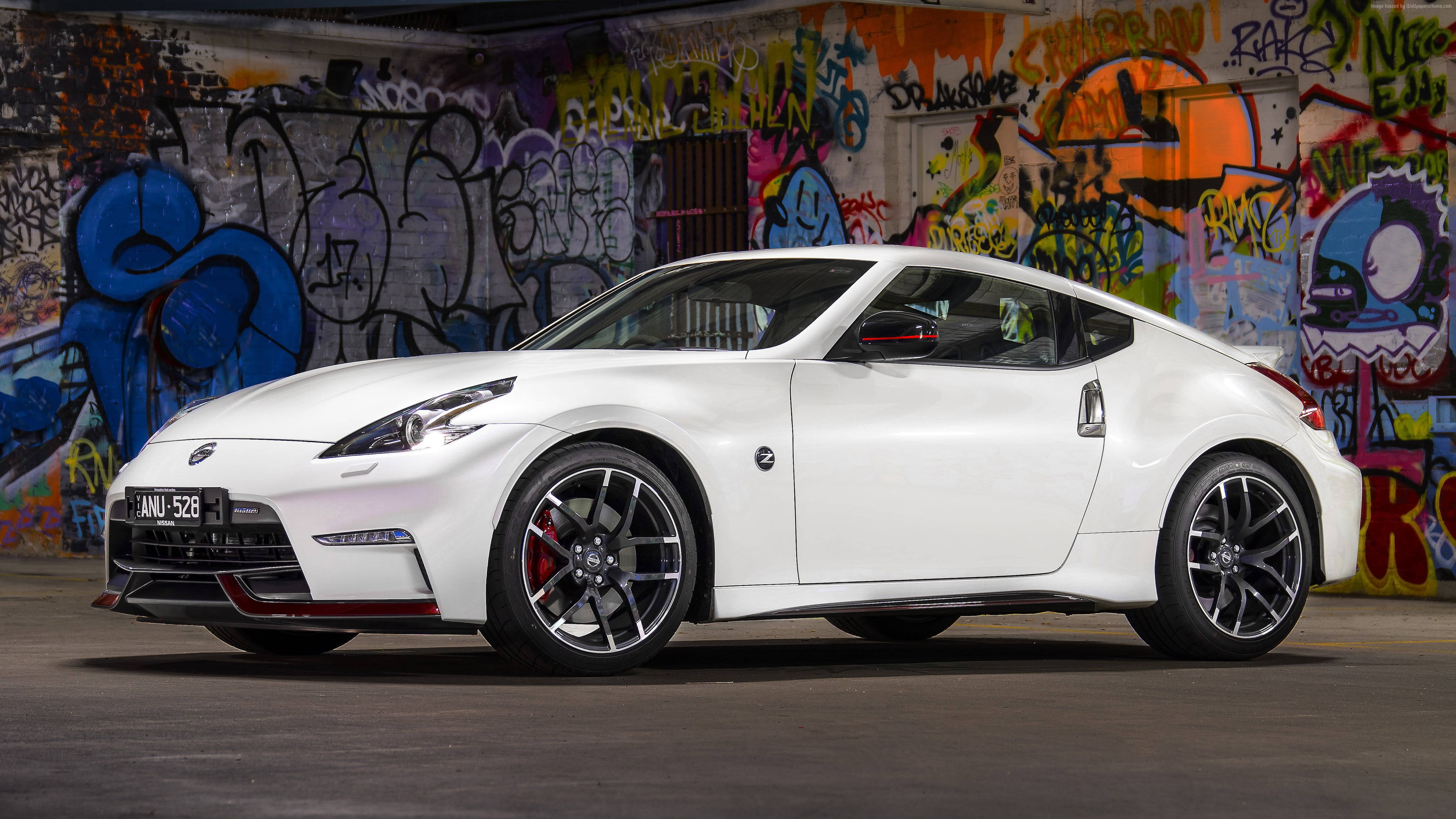 Nissan 370Z, white, graffiti-covered urban wall, 4K Desktop Wallpaper