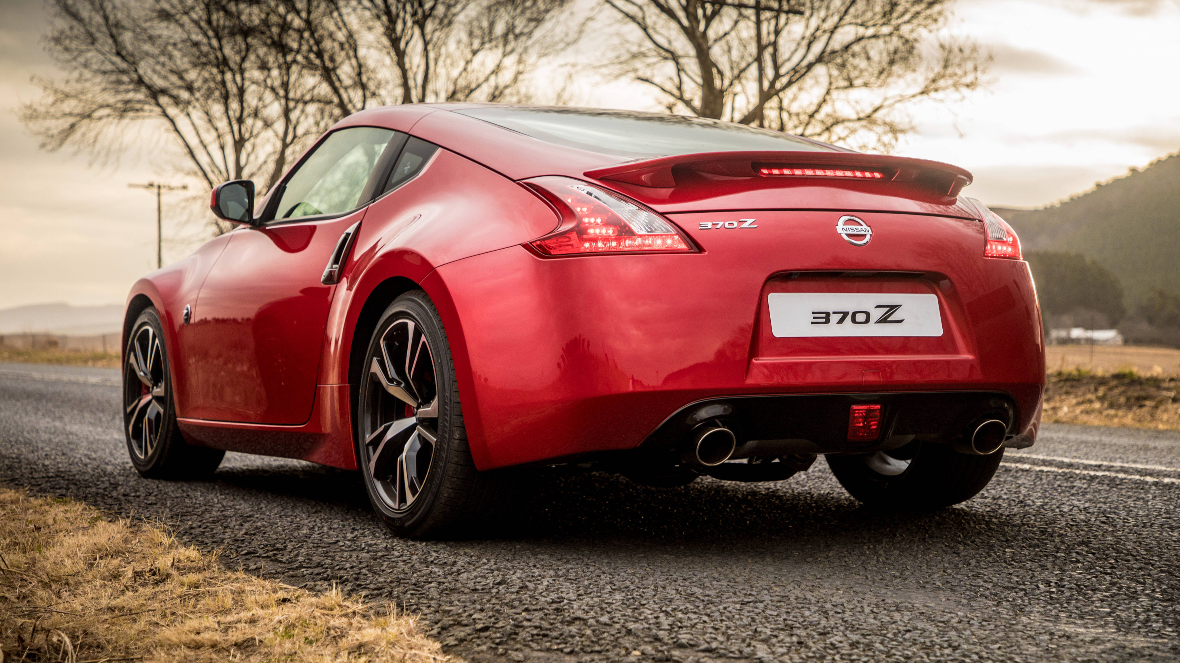 Nissan 370Z, glossy red, gravel road, 4K Desktop Wallpaper