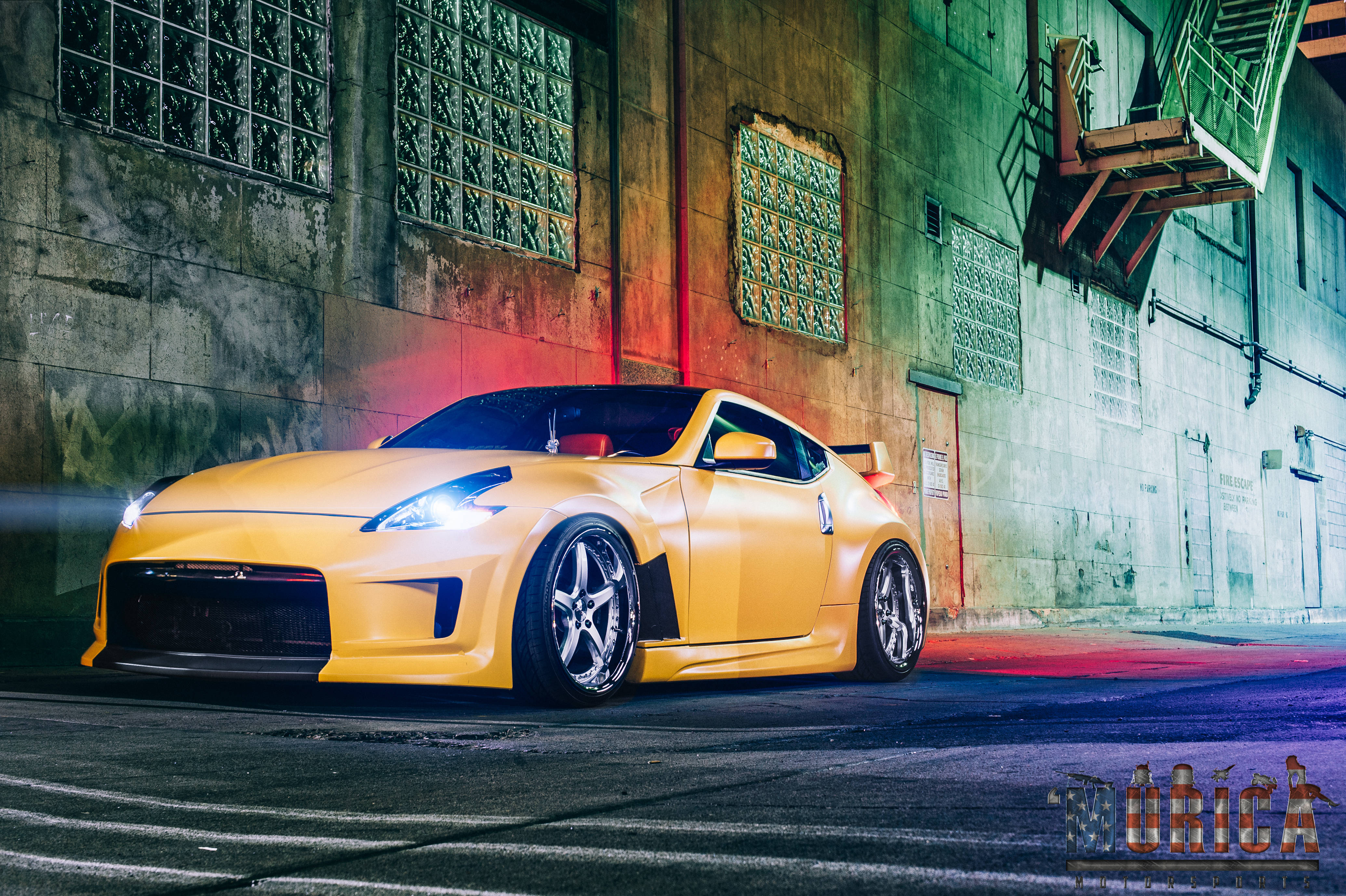 Nissan 370z, vibrant yellow, glowing headlights, 4K Desktop Wallpaper