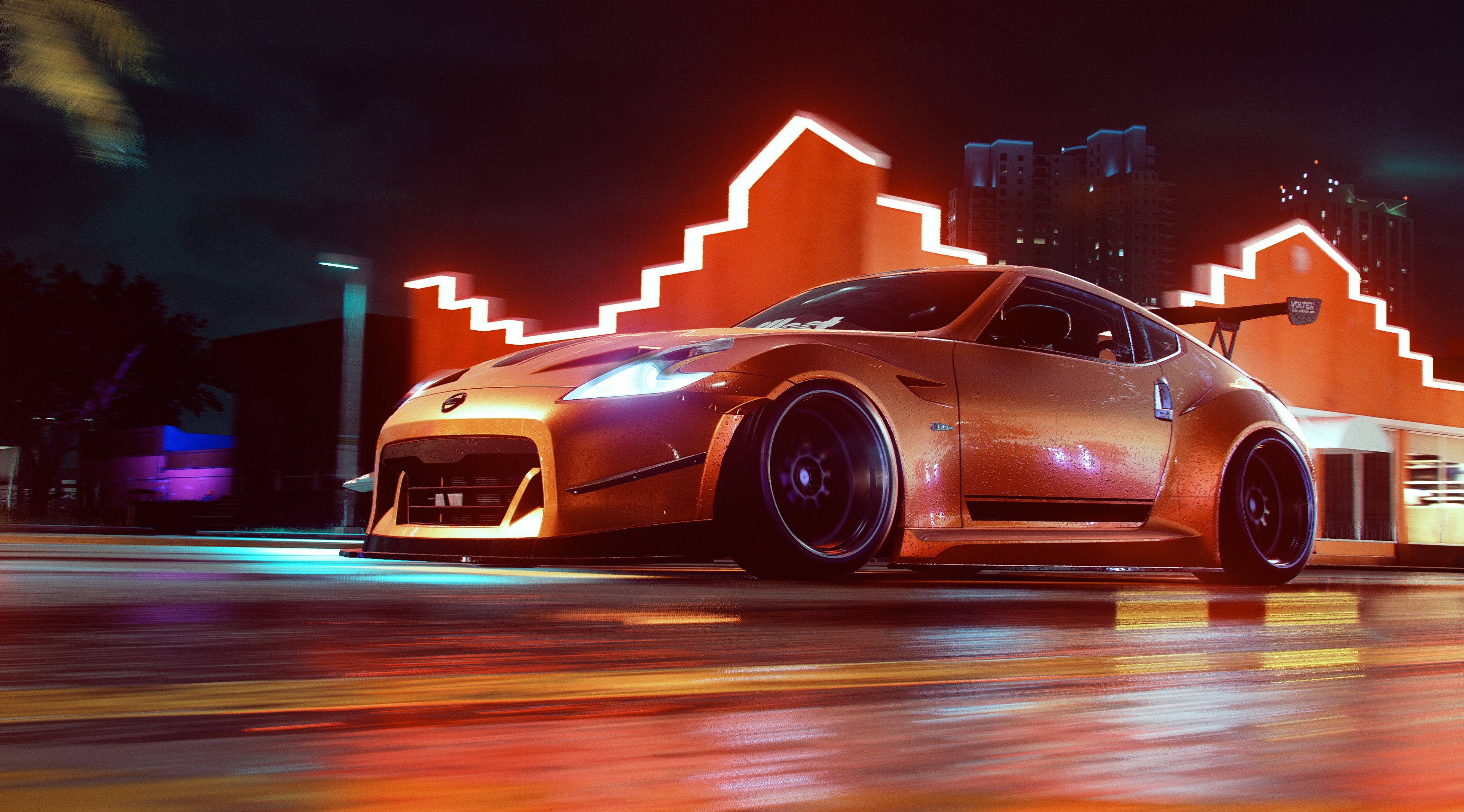 Nissan 370z, neon-lit urban night, streaking lights, 4K Desktop Wallpaper