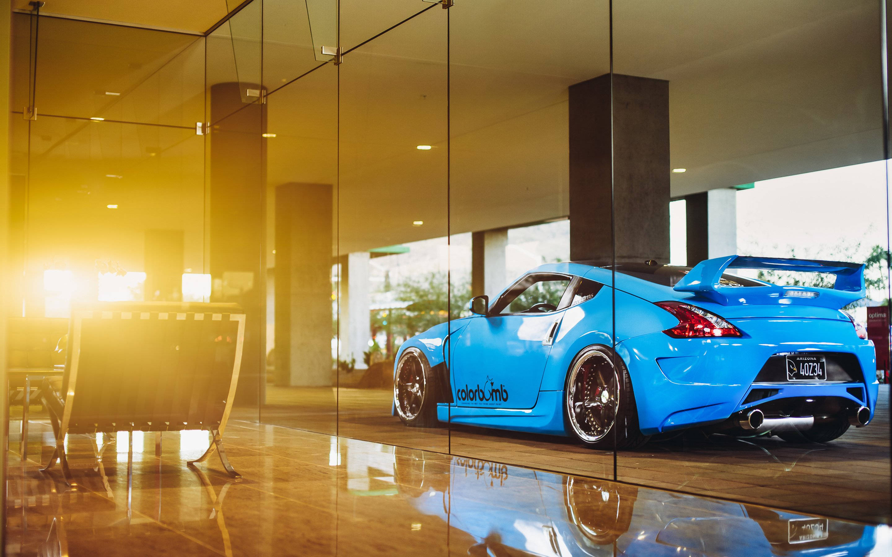 Nissan 370Z, vibrant blue, large rear wing, 2K Desktop Wallpaper