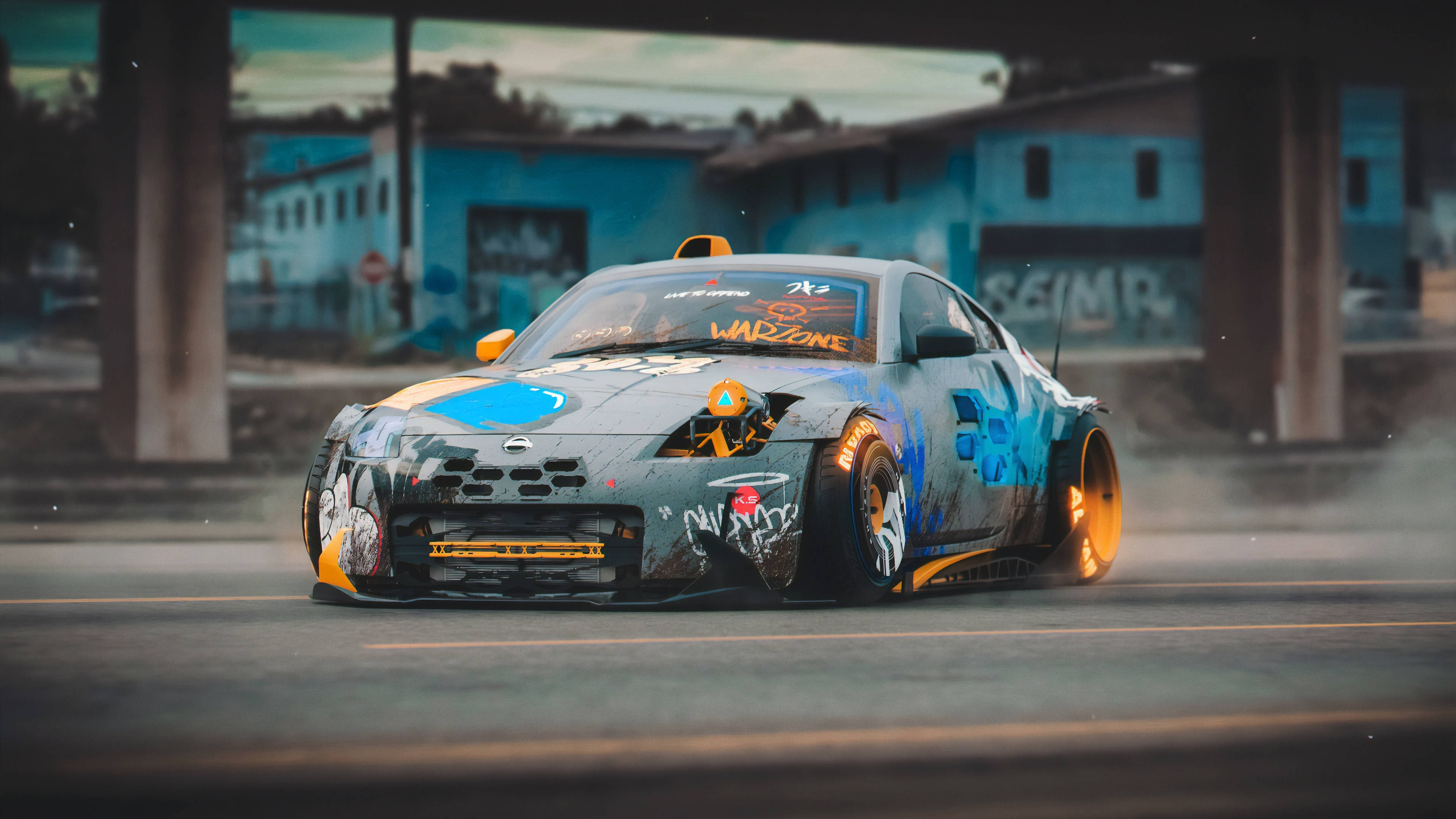 Nissan 370Z, orange wheels, graffiti-covered drift car, 4K Desktop Wallpaper