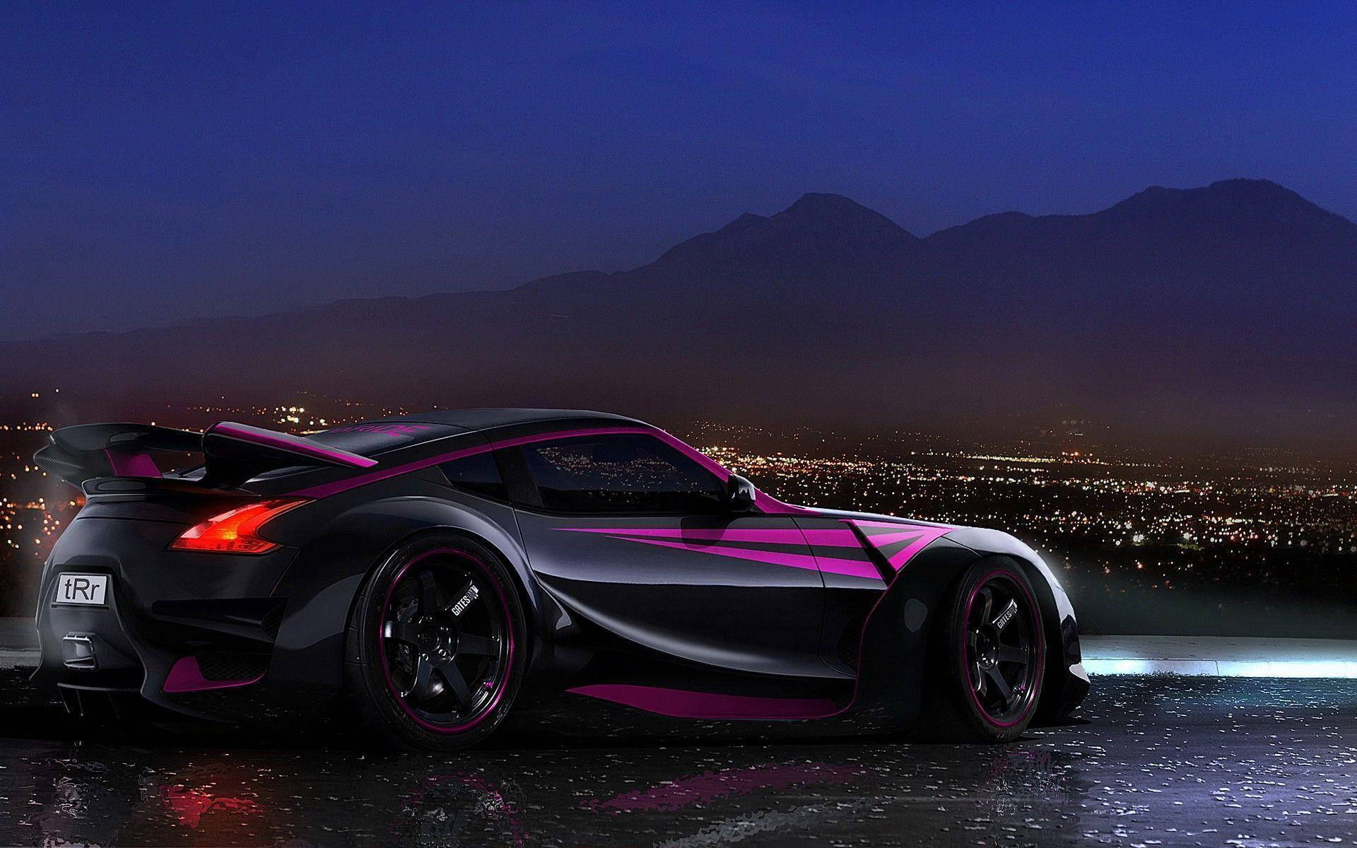 Nissan 370z, black, pink accents, Full HD Desktop Wallpaper