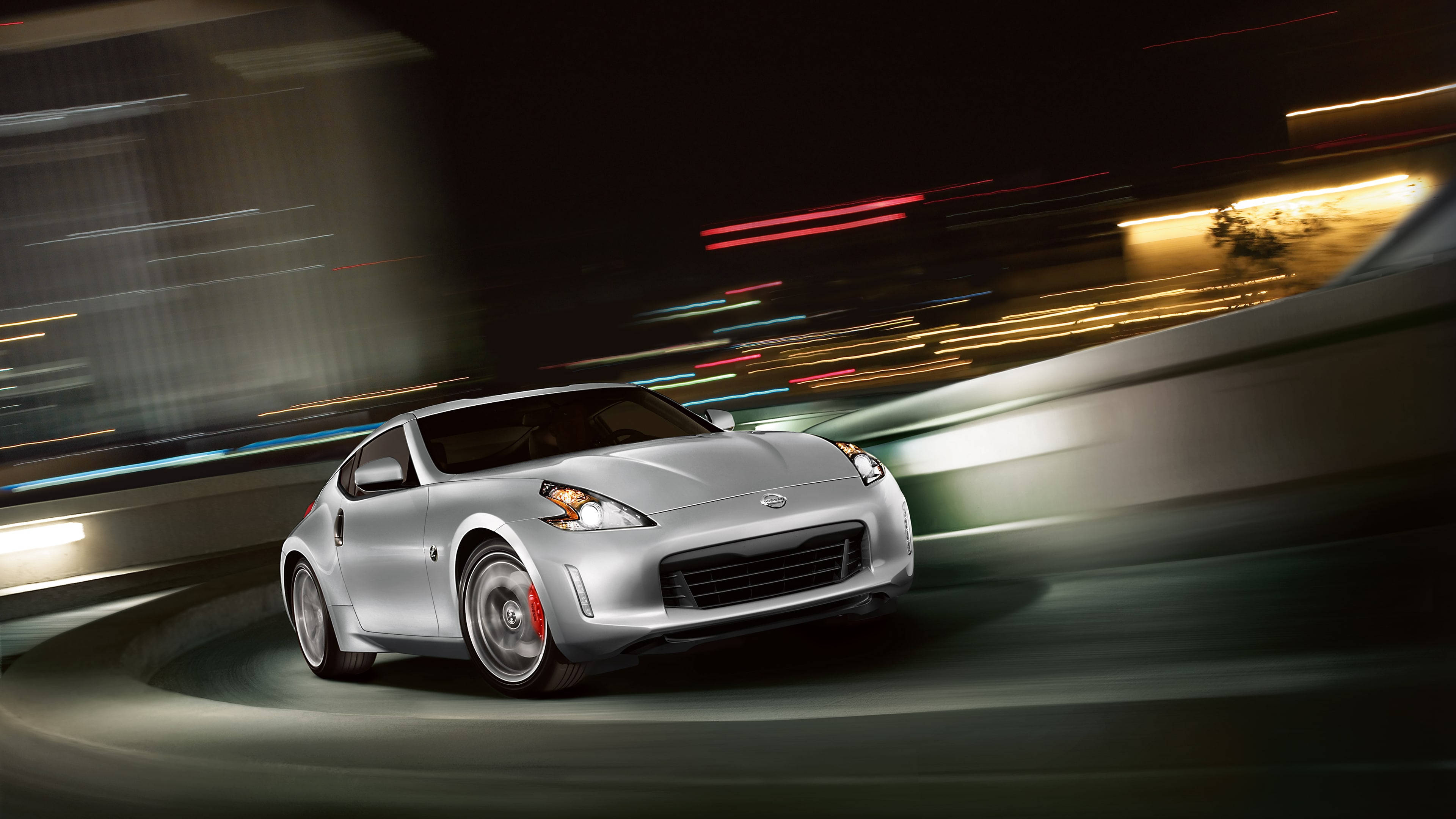 Nissan 370z, silver, neon-lit city, 4K Desktop Wallpaper