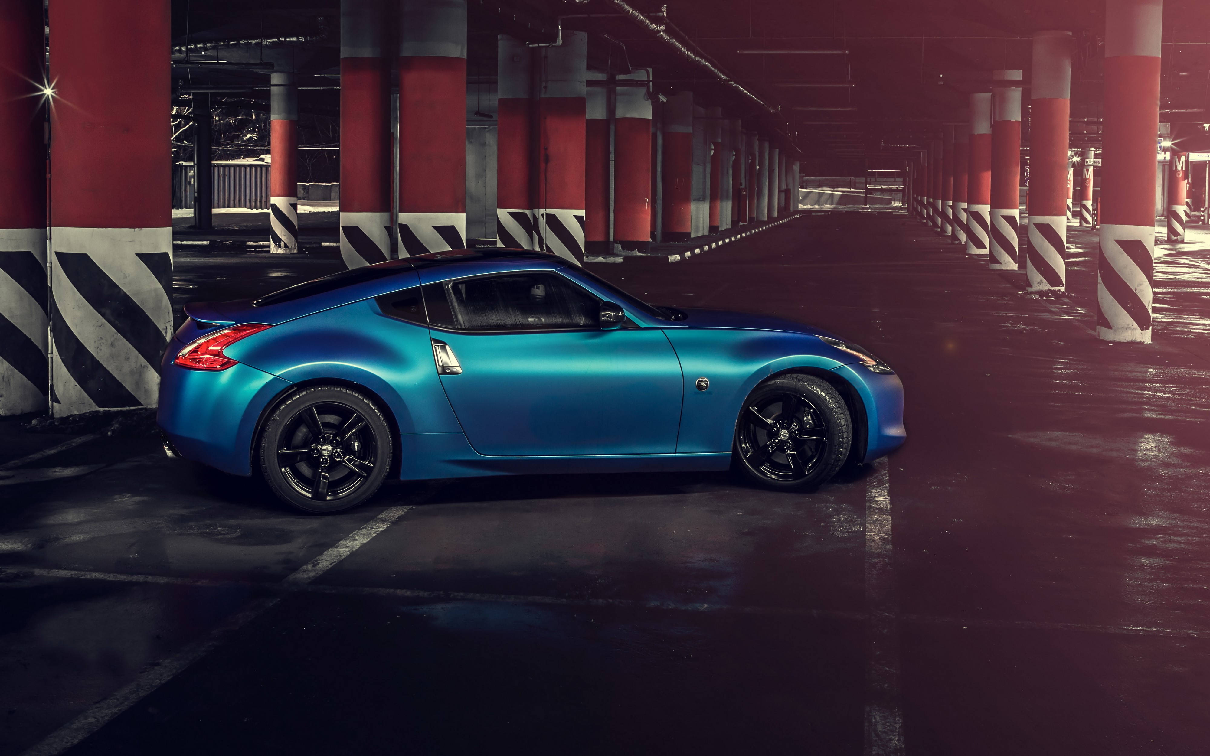 Nissan 370Z, glossy blue, underground parking garage, 4K Desktop Wallpaper