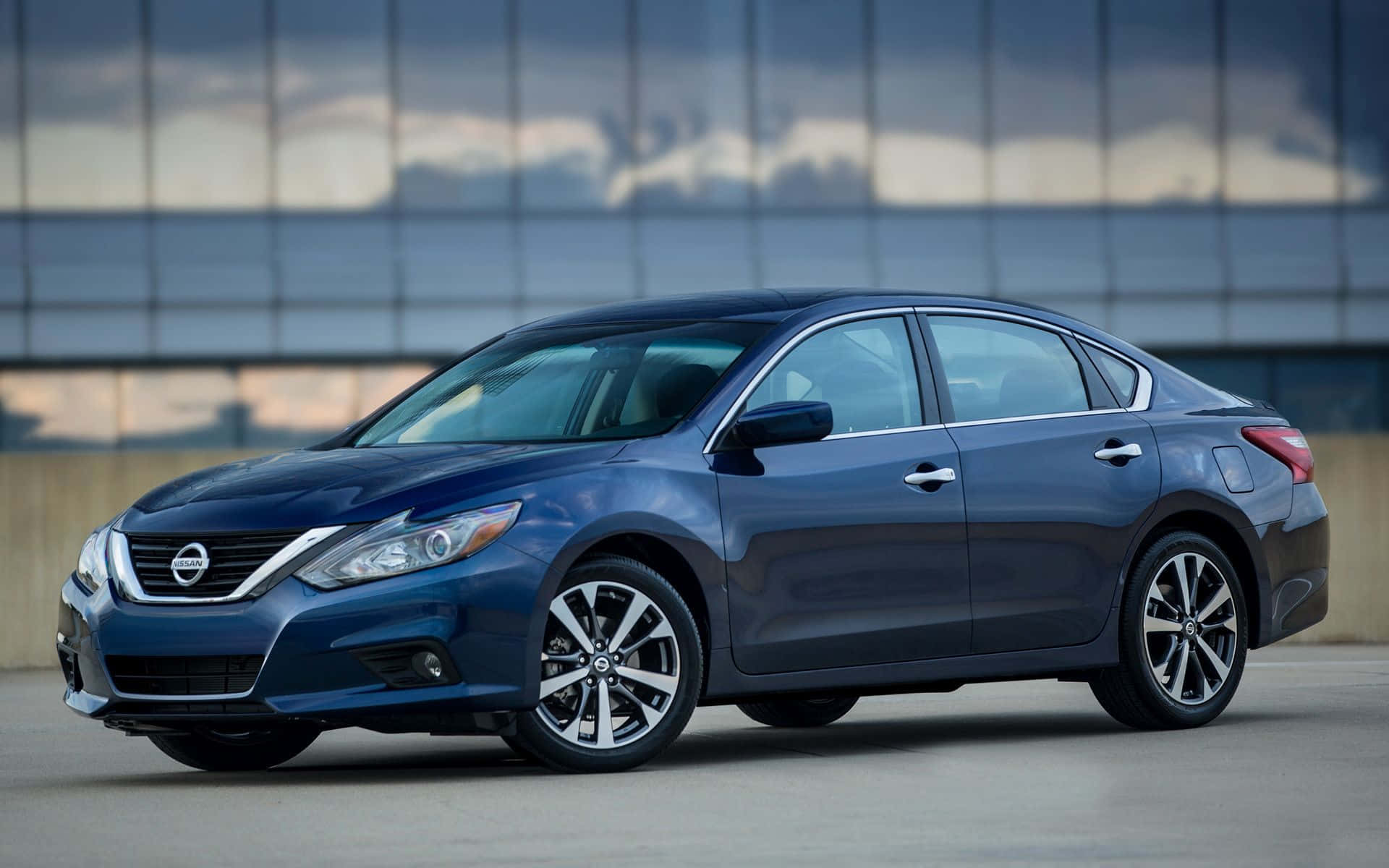Nissan Altima, blue, modern glass building, Full HD Desktop Wallpaper