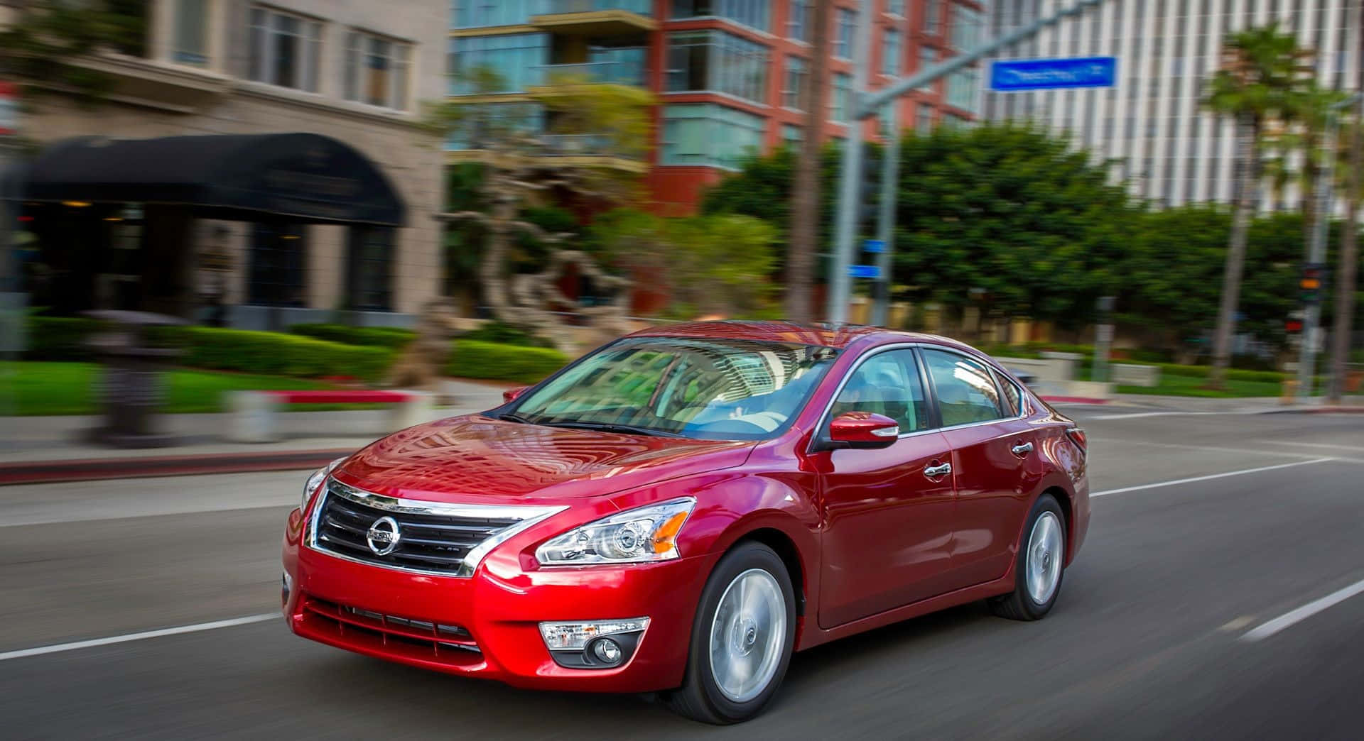 Nissan Altima, red, sunlit city street, Full HD Desktop Wallpaper