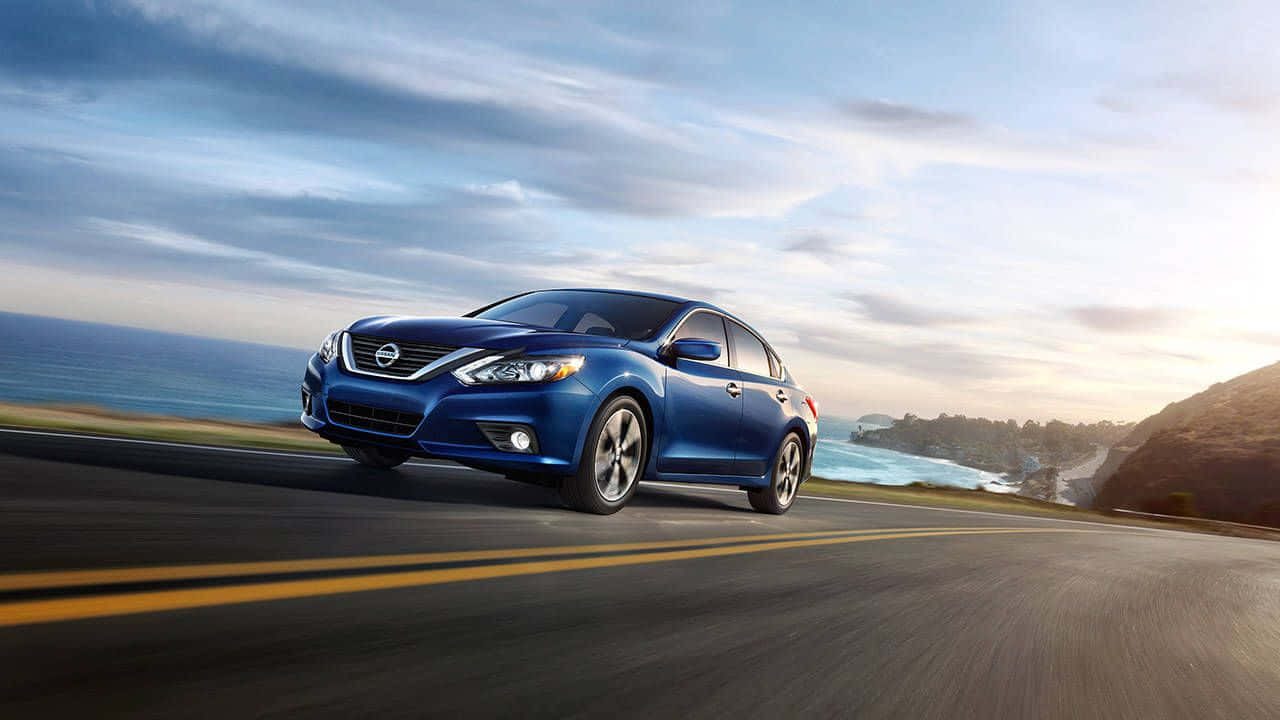 Nissan Altima, blue sedan, coastal highway, HD Desktop Wallpaper