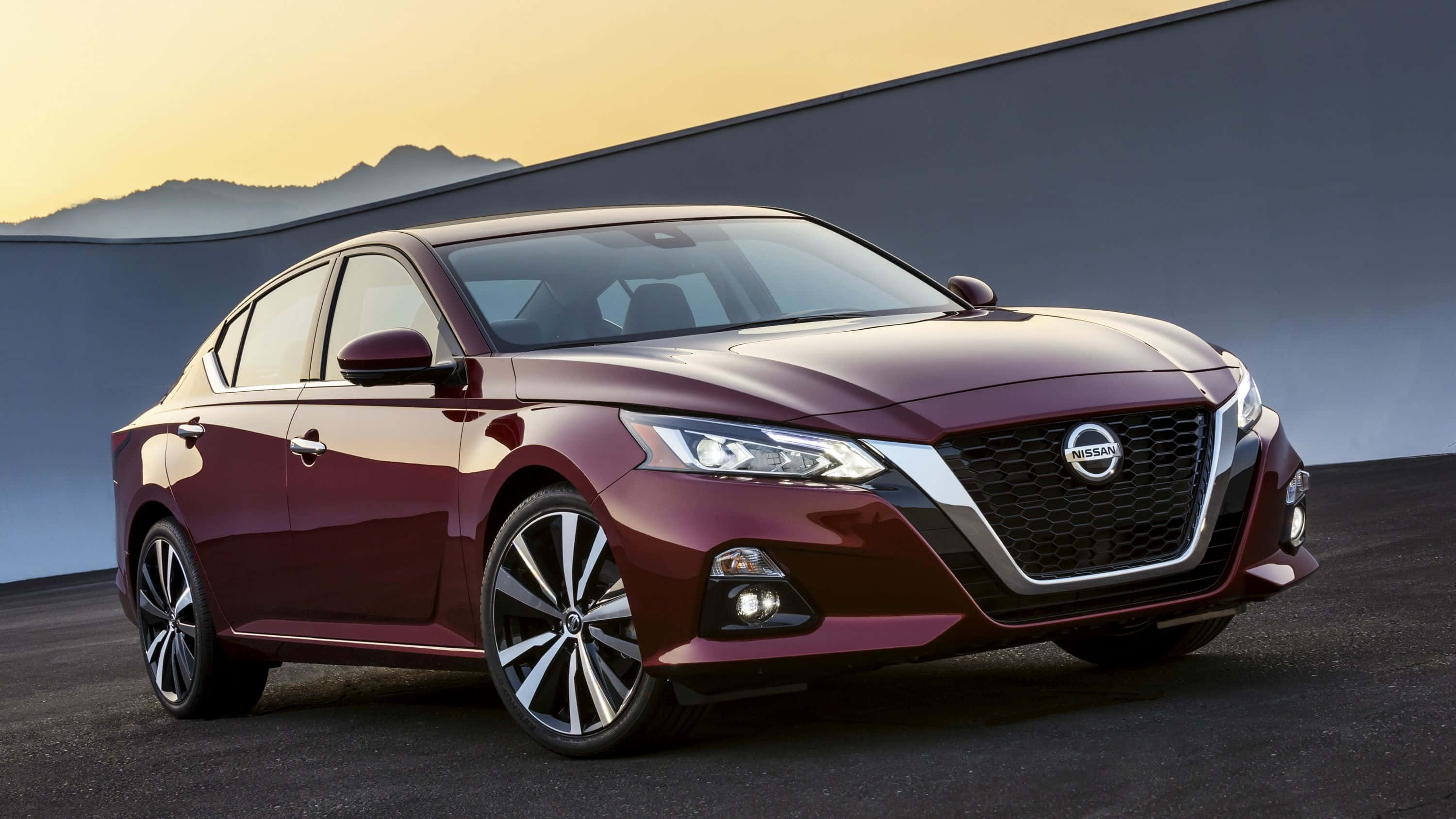 Nissan Altima, maroon, golden sunset, 2K Desktop Wallpaper