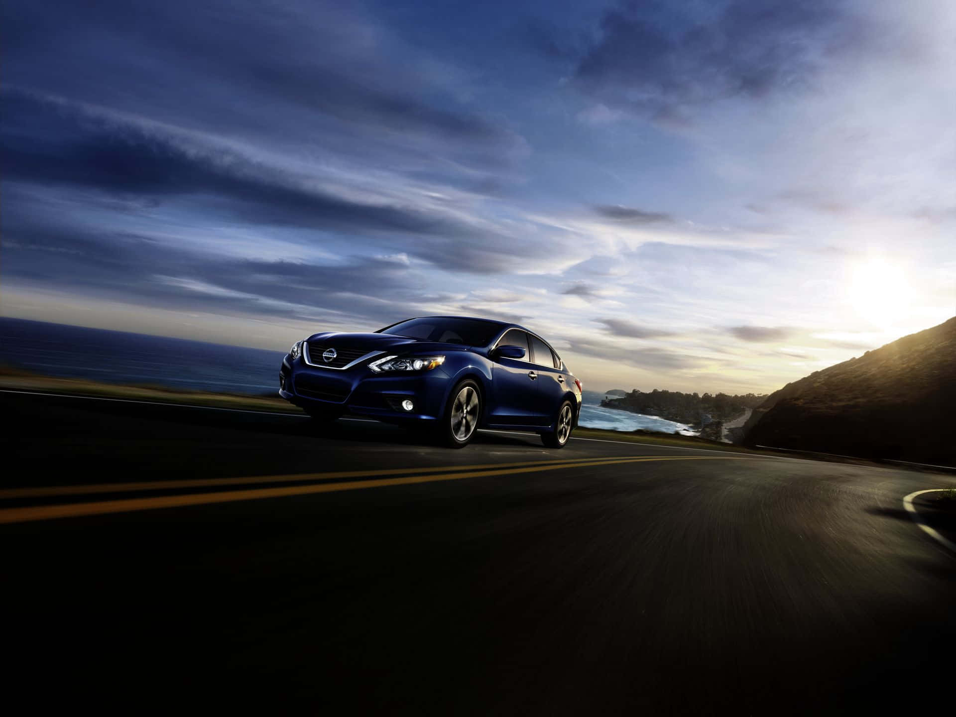 Nissan Altima, blue, coastal highway, Full HD Desktop Wallpaper