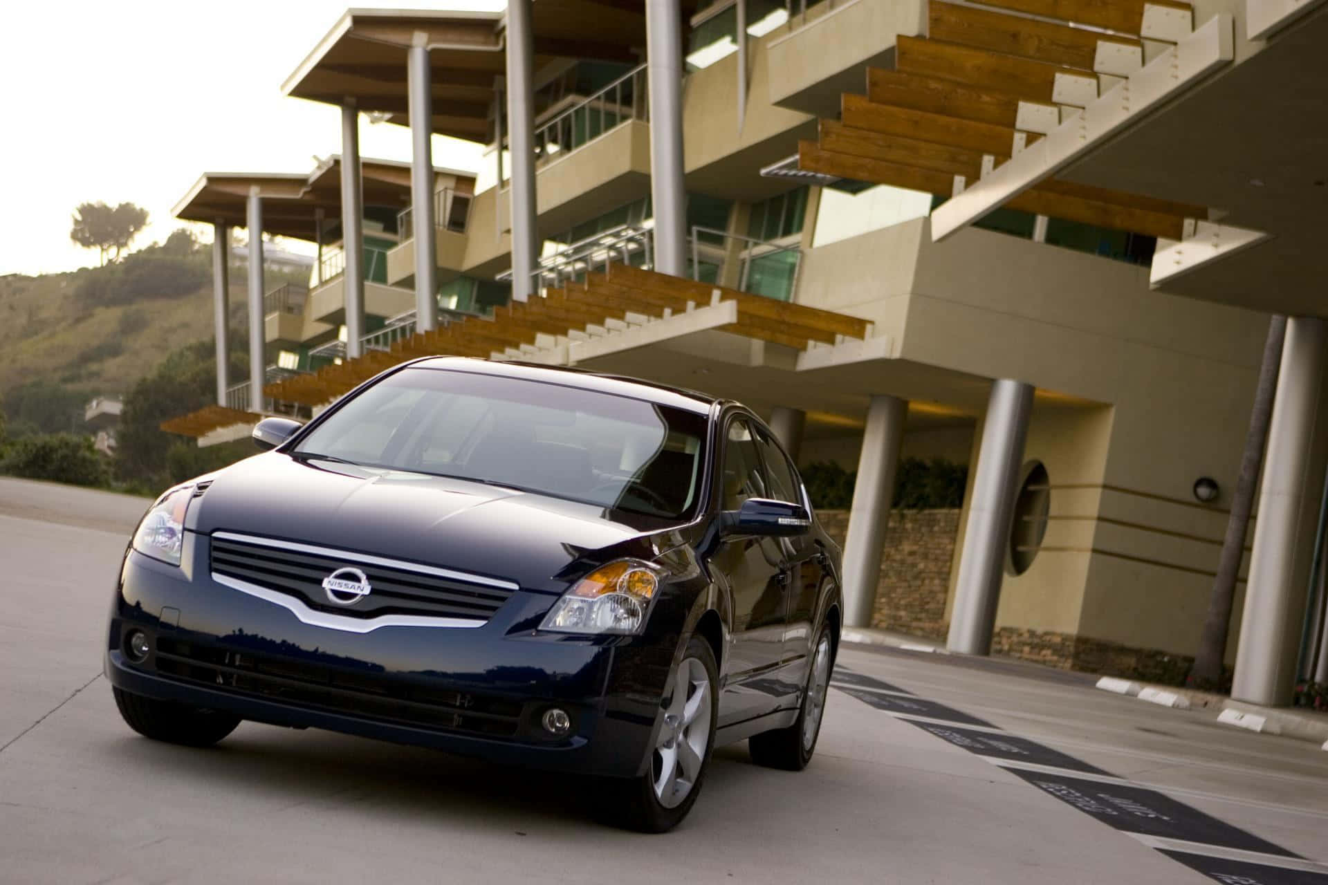 Nissan Altima, black, modern building, Full HD Desktop Wallpaper