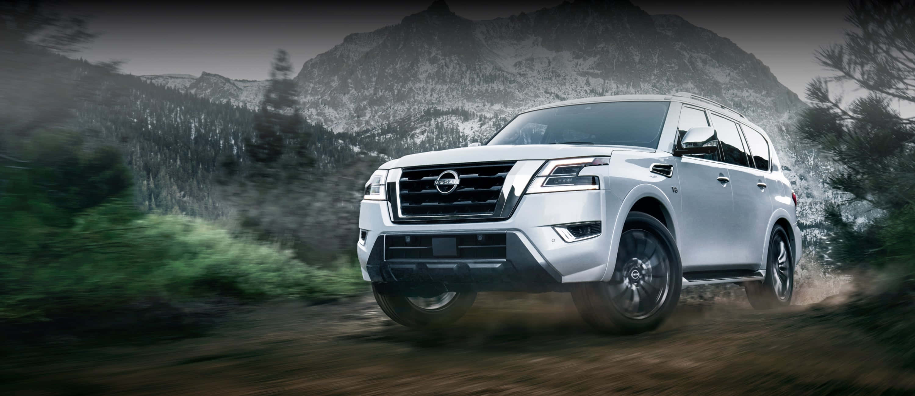 Nissan Armada, silver, forest, 2K Desktop Wallpaper