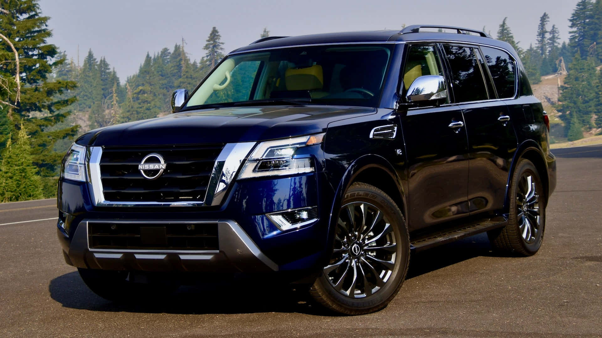 Nissan Armada, glossy black, paved road, Full HD Desktop Wallpaper