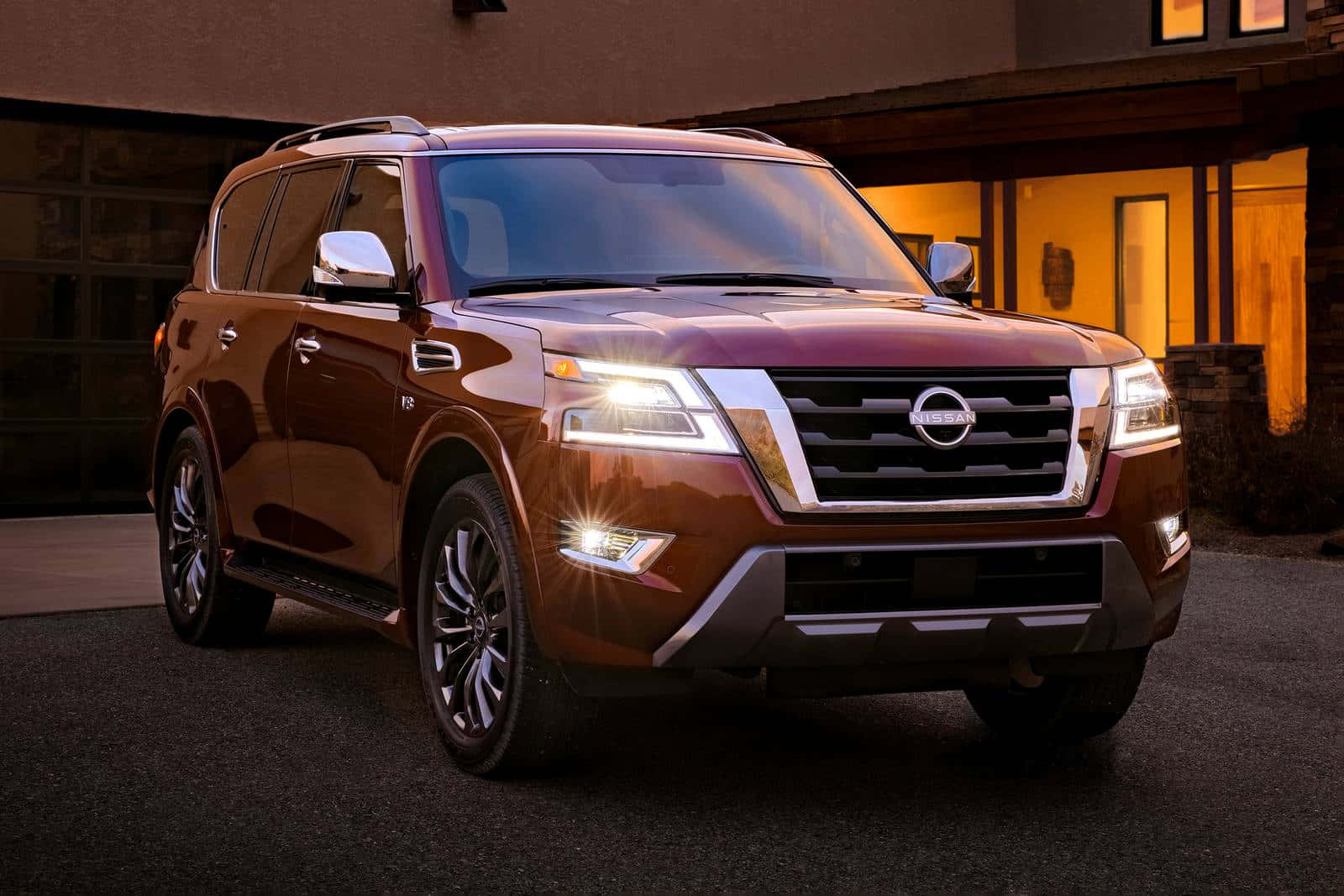 Nissan Armada, glossy brown, modern house, HD Desktop Wallpaper