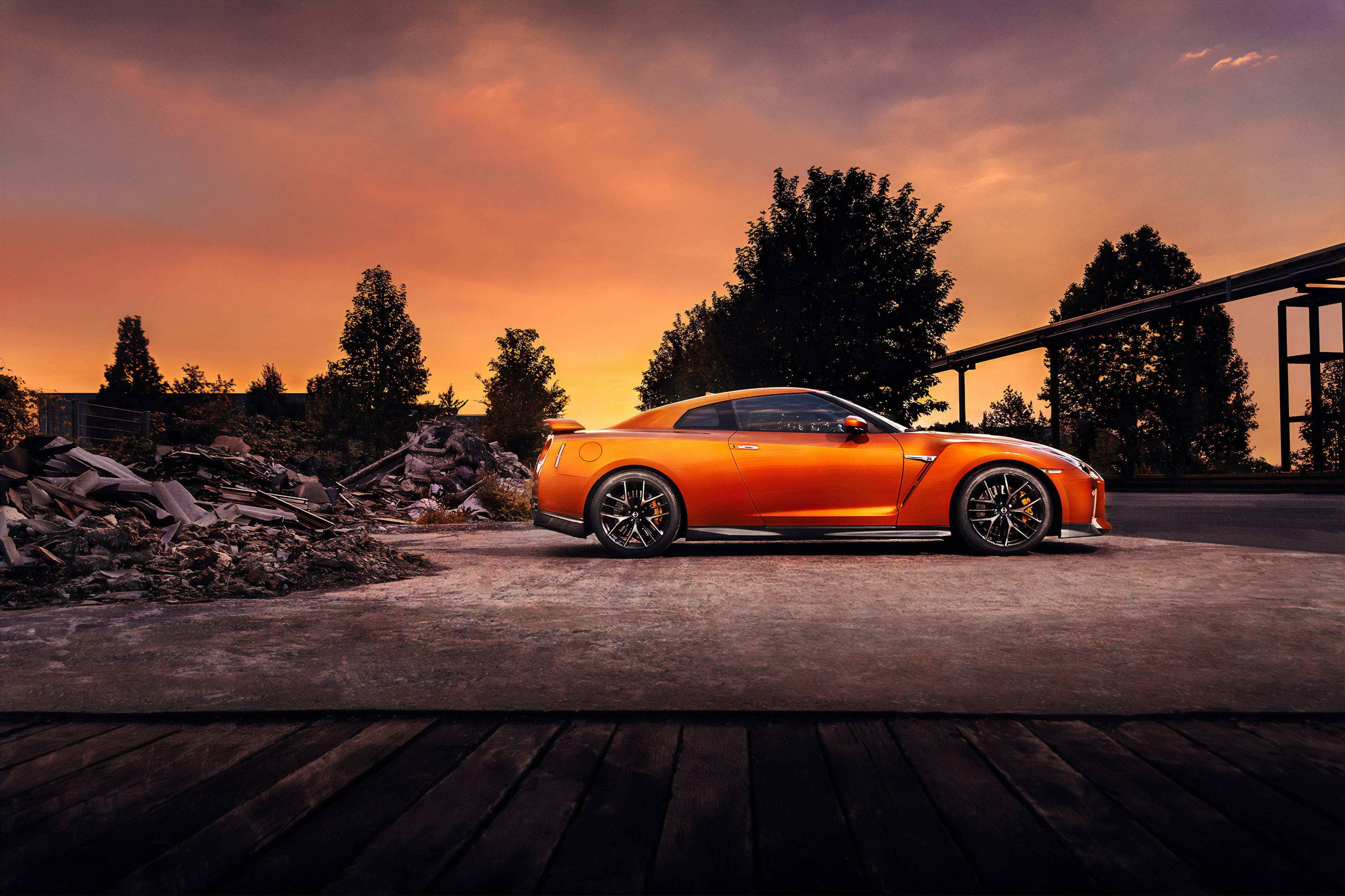 Nissan GT R, sunset, orange, 4K Desktop Wallpaper