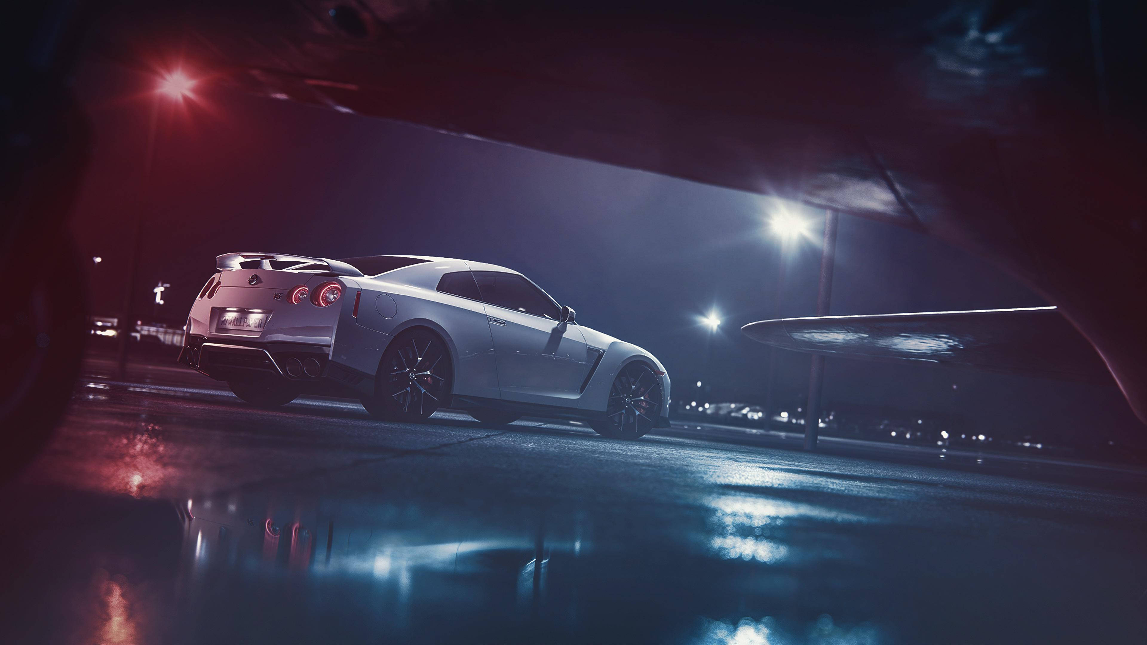 Nissan GT R, shiny white, neon lights, 4K Desktop Wallpaper