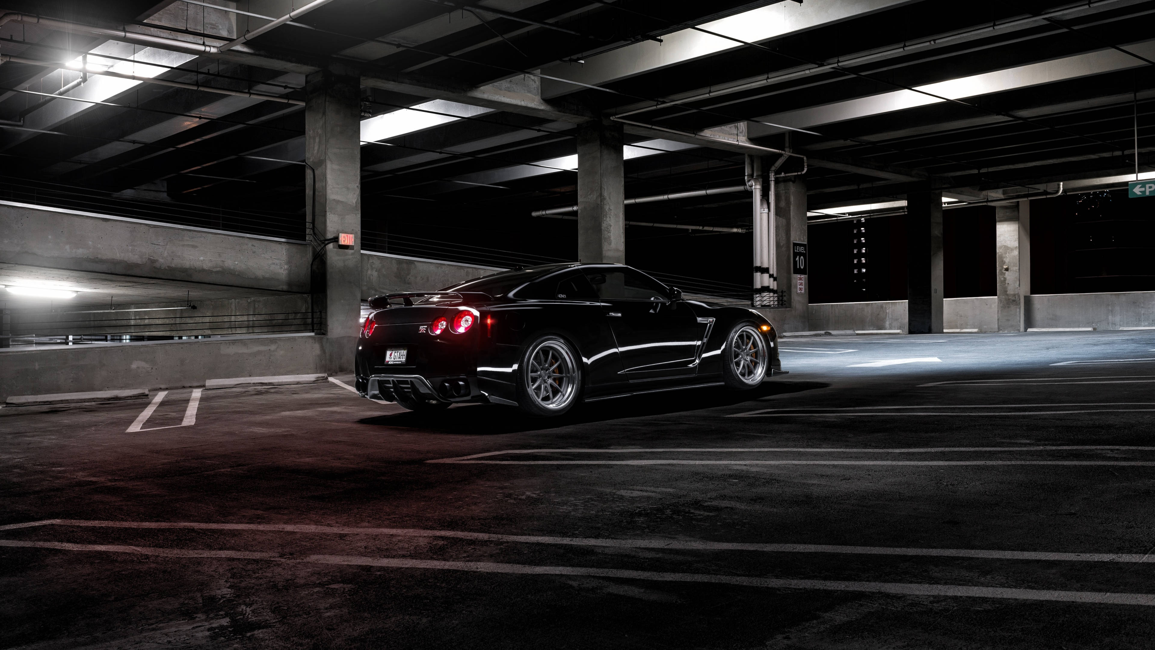 shiny black, Nissan GT R, glowing red taillights, 4K Desktop Wallpaper