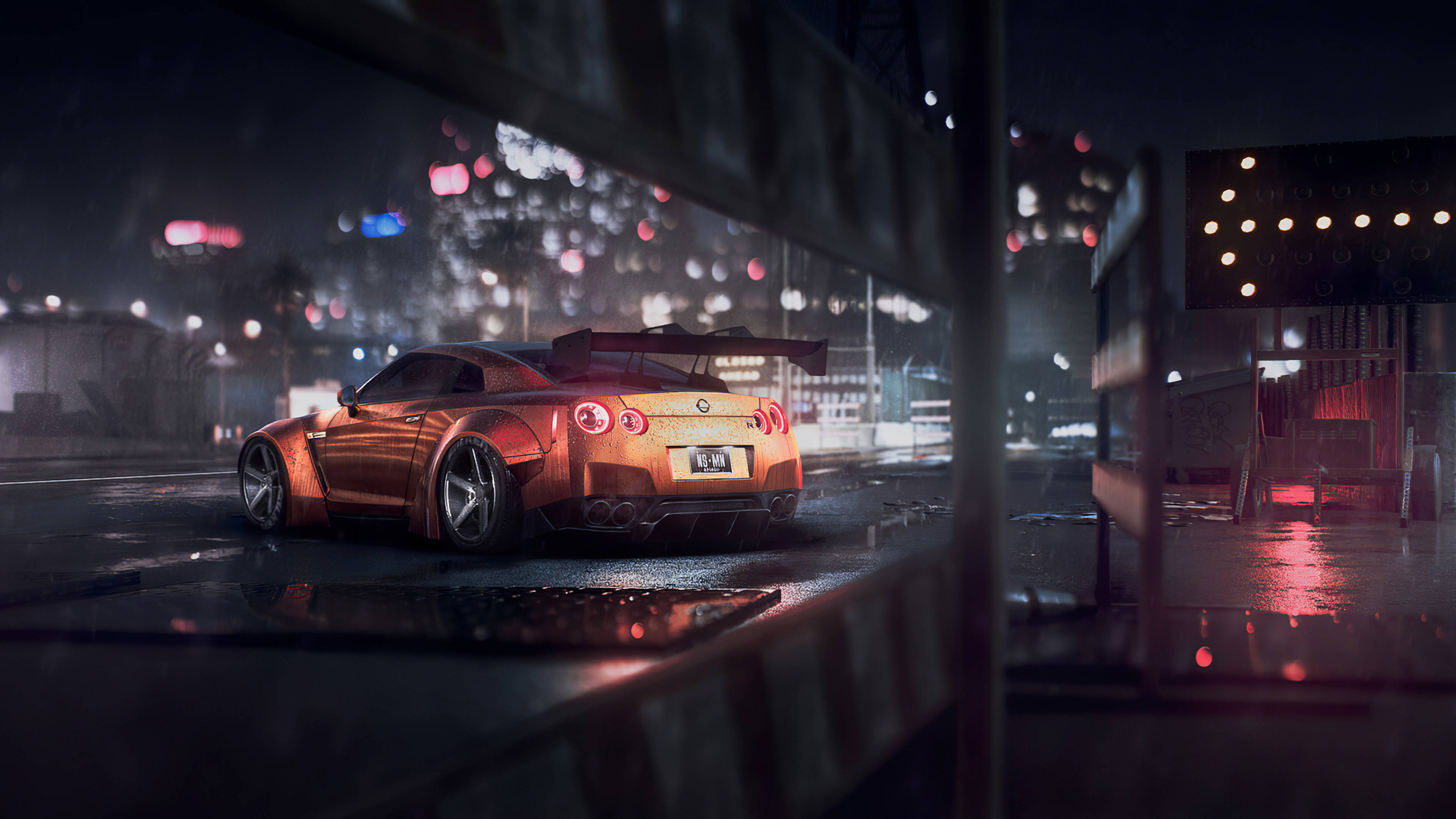 orange Nissan GT R, wet city street, night, 4K Desktop Wallpaper