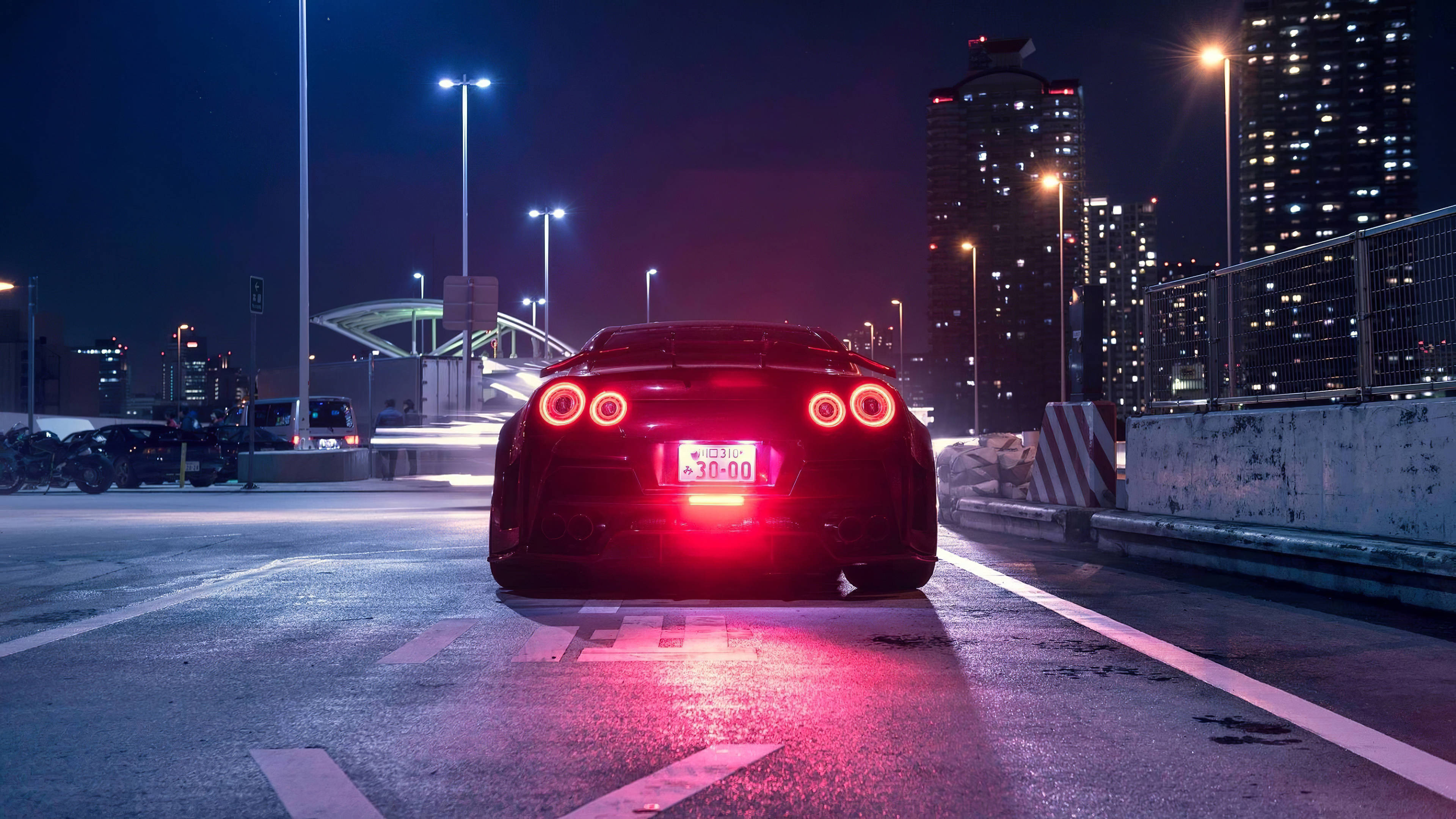 Nissan GT R, black, glowing red taillights, 4K Desktop Wallpaper