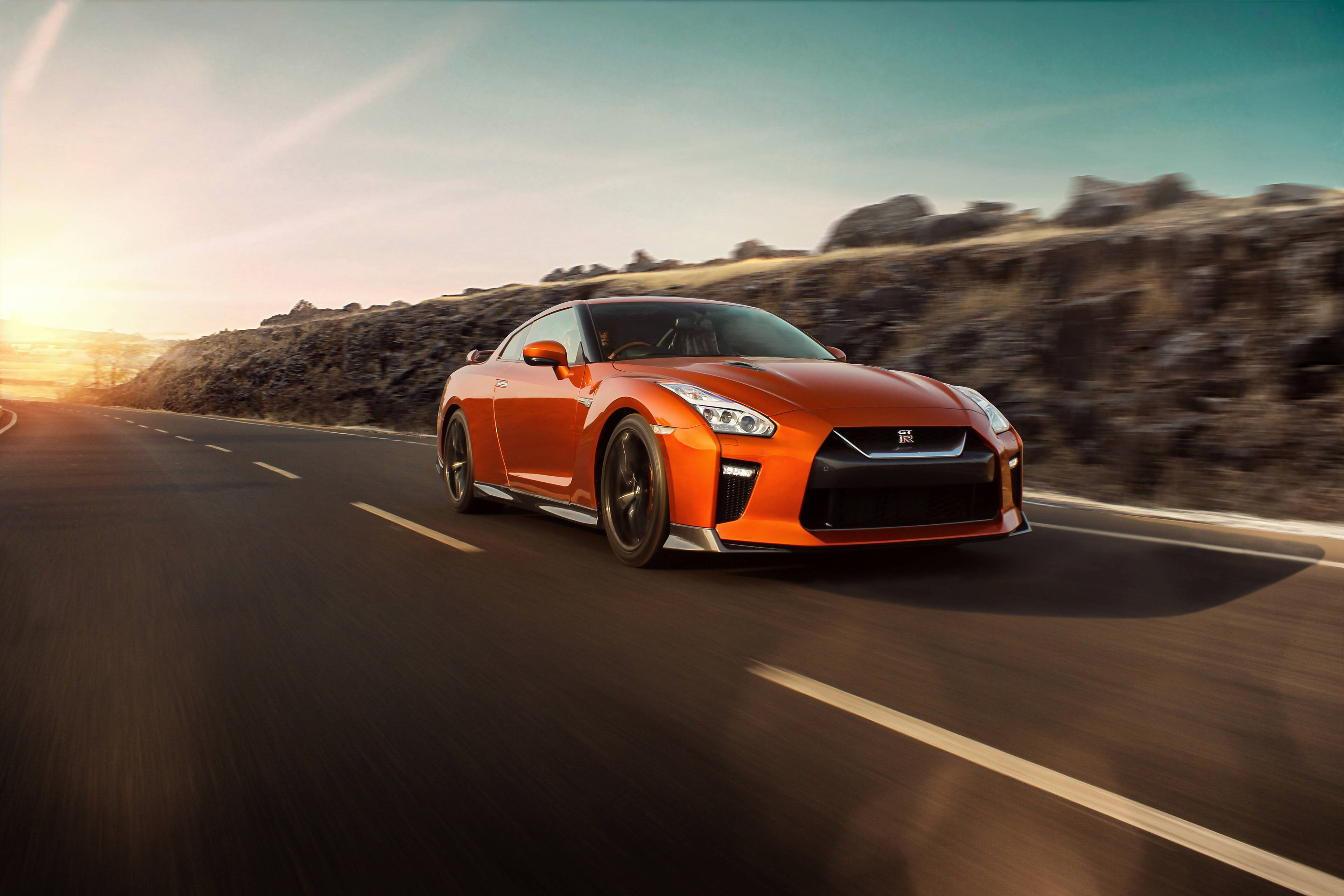 Nissan GT R, orange, mountain road, 4K Desktop Wallpaper