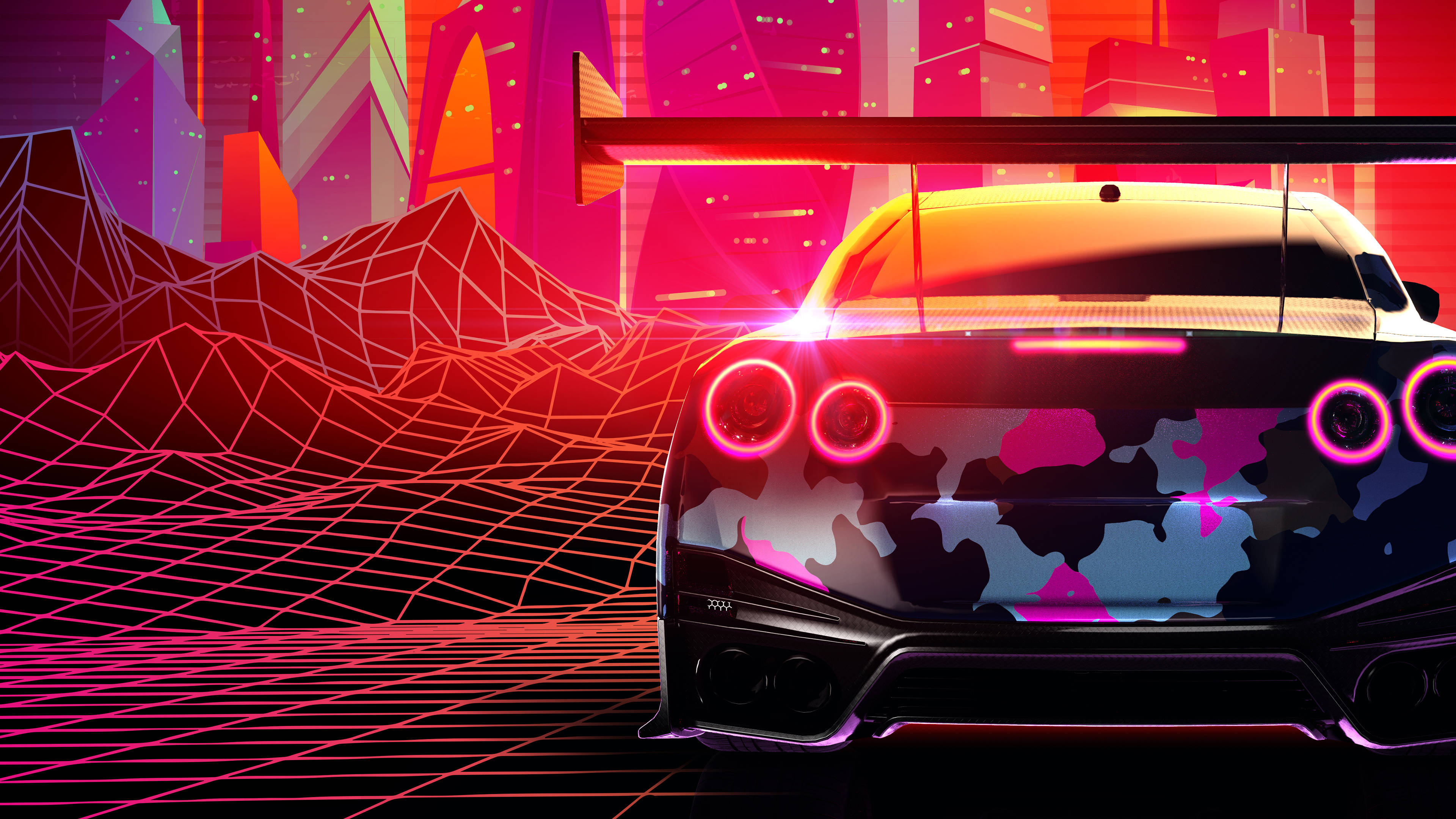 Nissan GT R, neon-lit, glowing pink rings, 4K Desktop Wallpaper