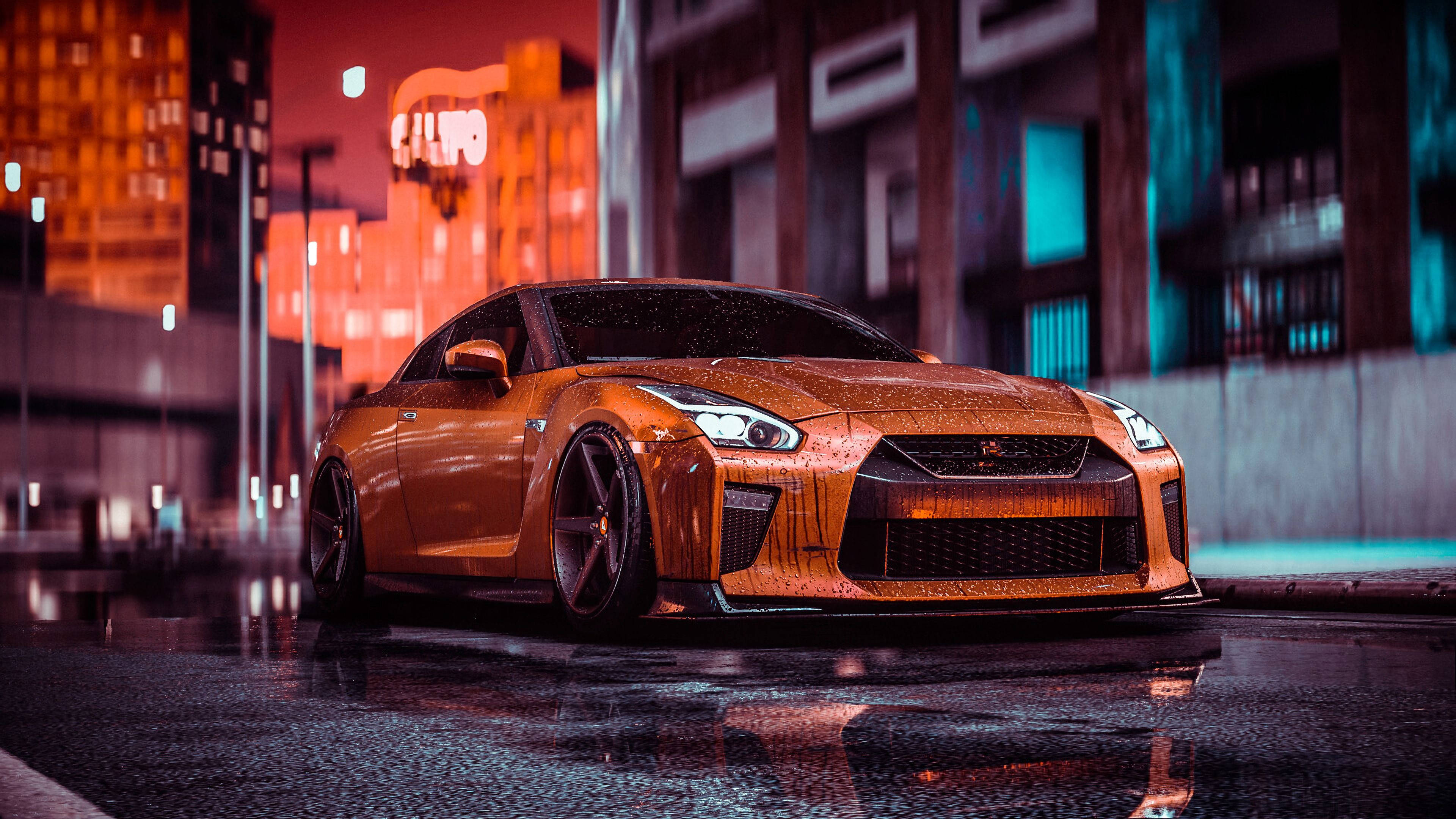 Nissan GT R, orange, neon lights, 4K Desktop Wallpaper