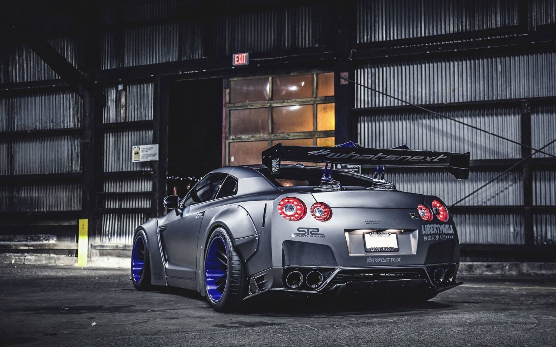 Nissan GT-R, matte gray, blue rims, Full HD Desktop Wallpaper